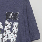 Right sleeve detail of ARRGH Pirate Graphic T-Shirt Heather Blue Jolly Roger Parrot Tee