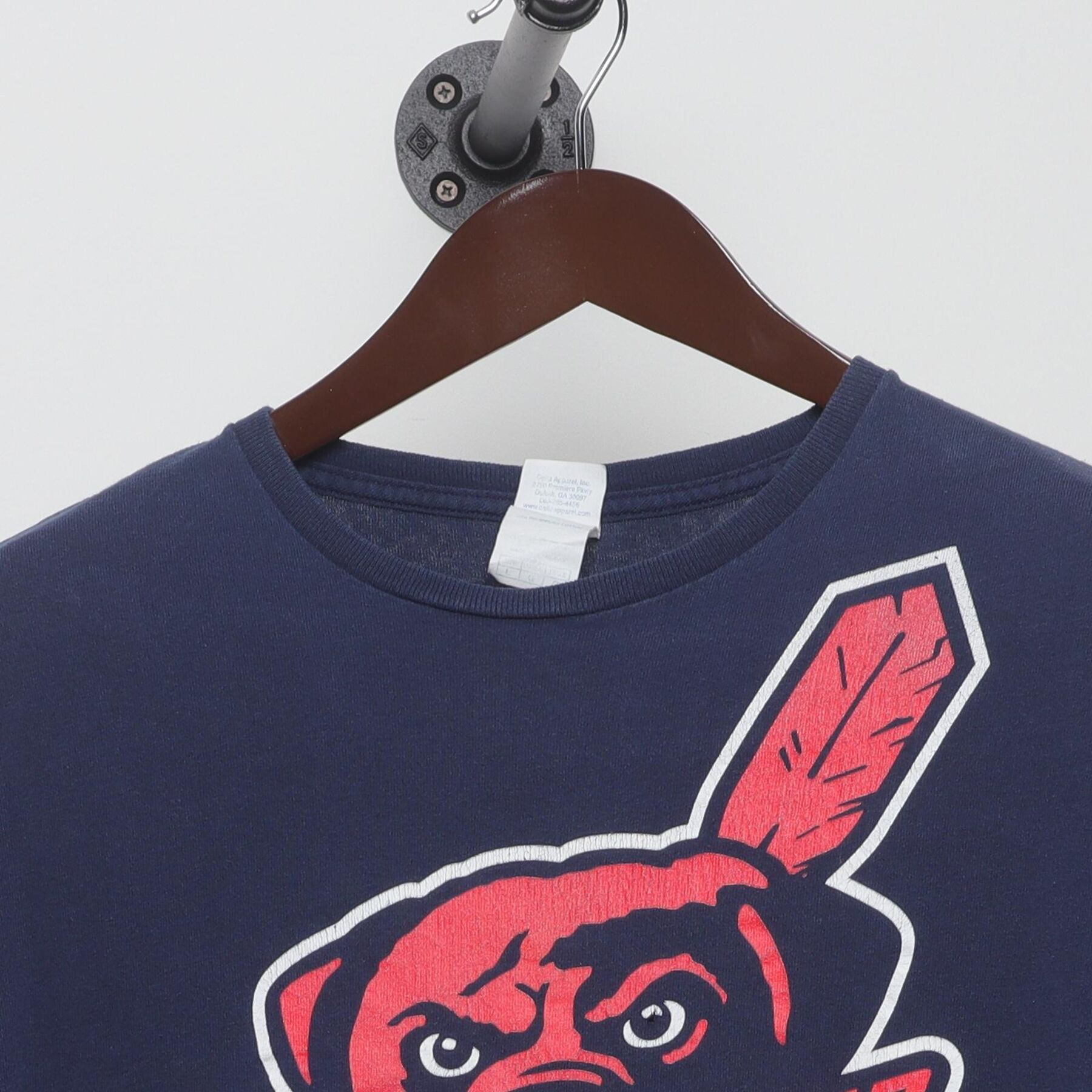 Close-up of the collar and tag on the Vintage Y2K Cleveland Sports "Dawg Pound Wahoo Parody" T-Shirt - M