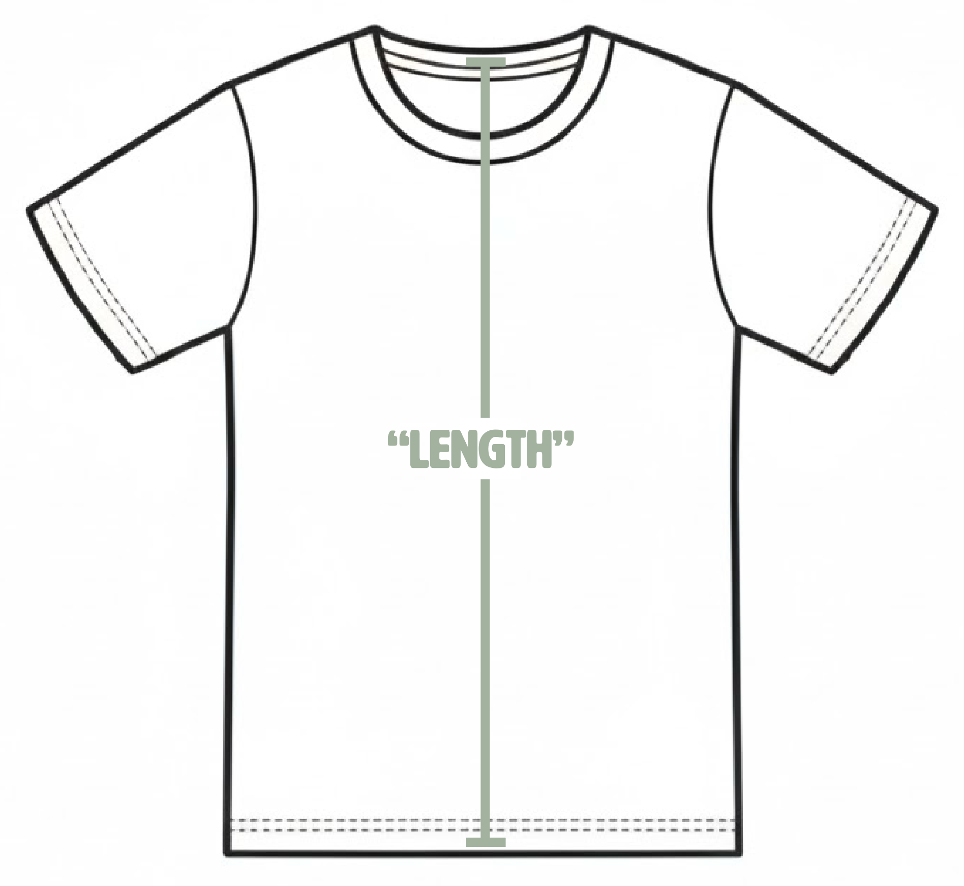 Diagram of 'length' t-shirt measurement, showing a vertical line from the top collar down the center to the bottom hem.