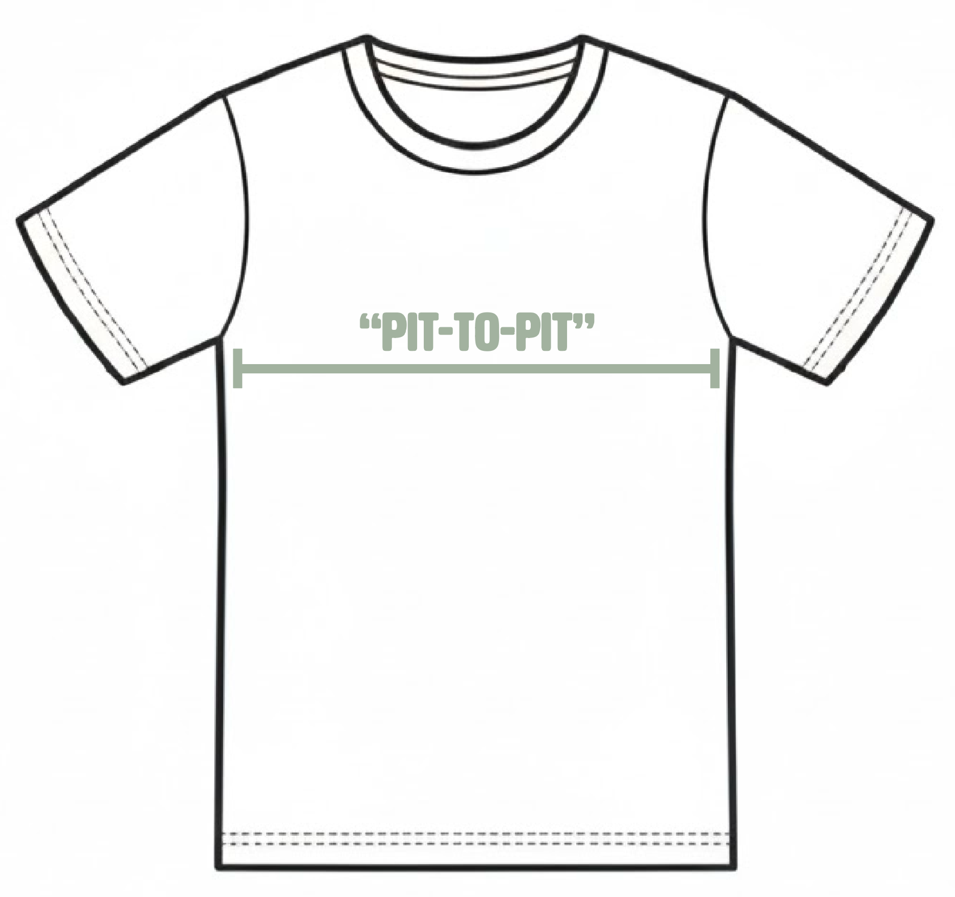 Diagram of 'pit-to-pit' t-shirt measurement, showing a line from one armpit seam across the chest to the other.
