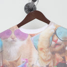 Close-up of the collar and tag on the Vintage Y2K-Era The Mountain "Cats in Sunglasses" All Over Print T-Shirt - M
