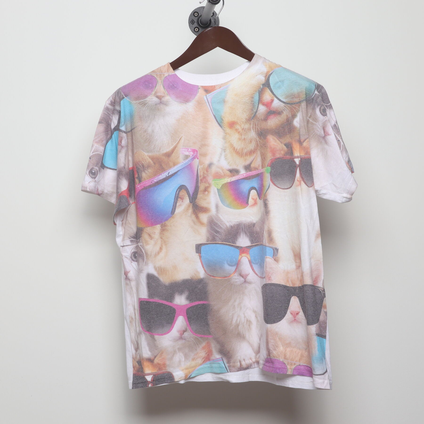 Front view of Vintage Y2K-Era The Mountain "Cats in Sunglasses" All Over Print T-Shirt - M
