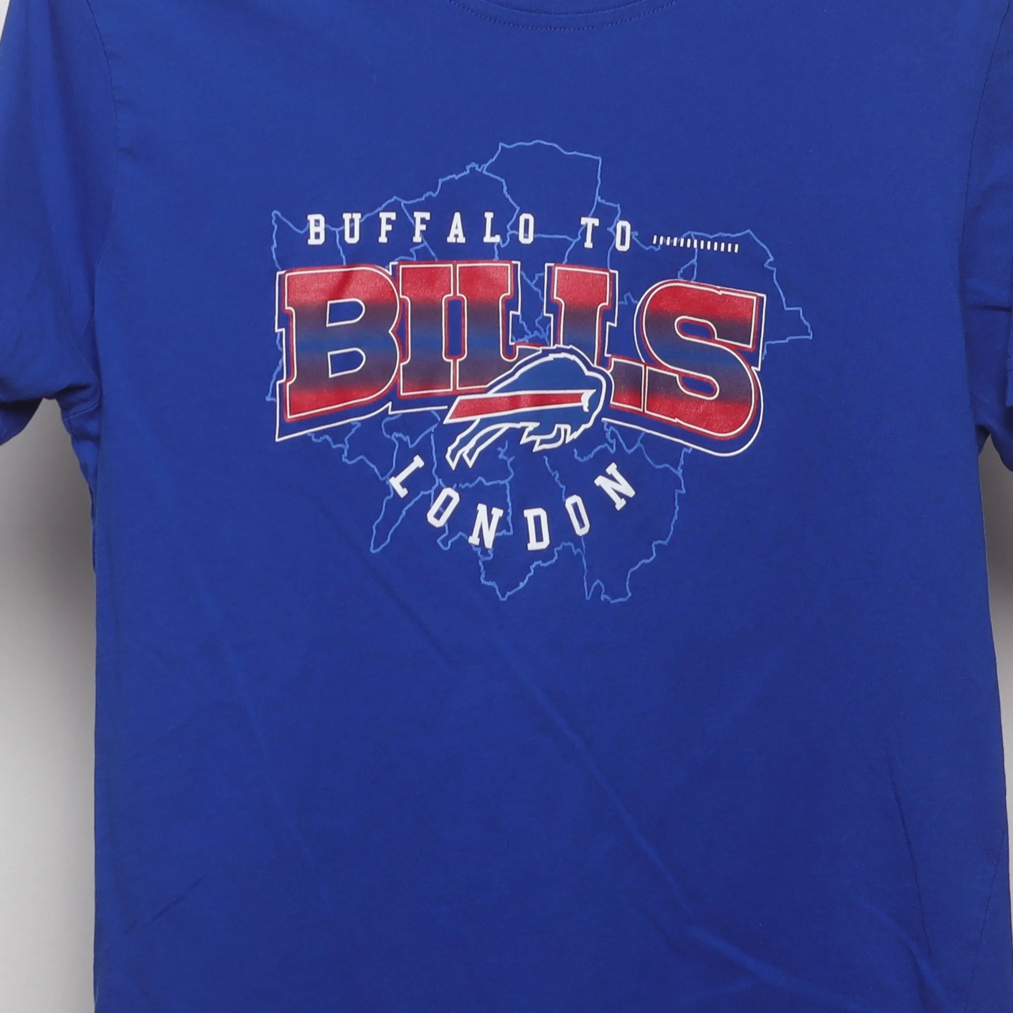 Close-up of the main graphic on the Modern Buffalo Bills London Game T-Shirt M