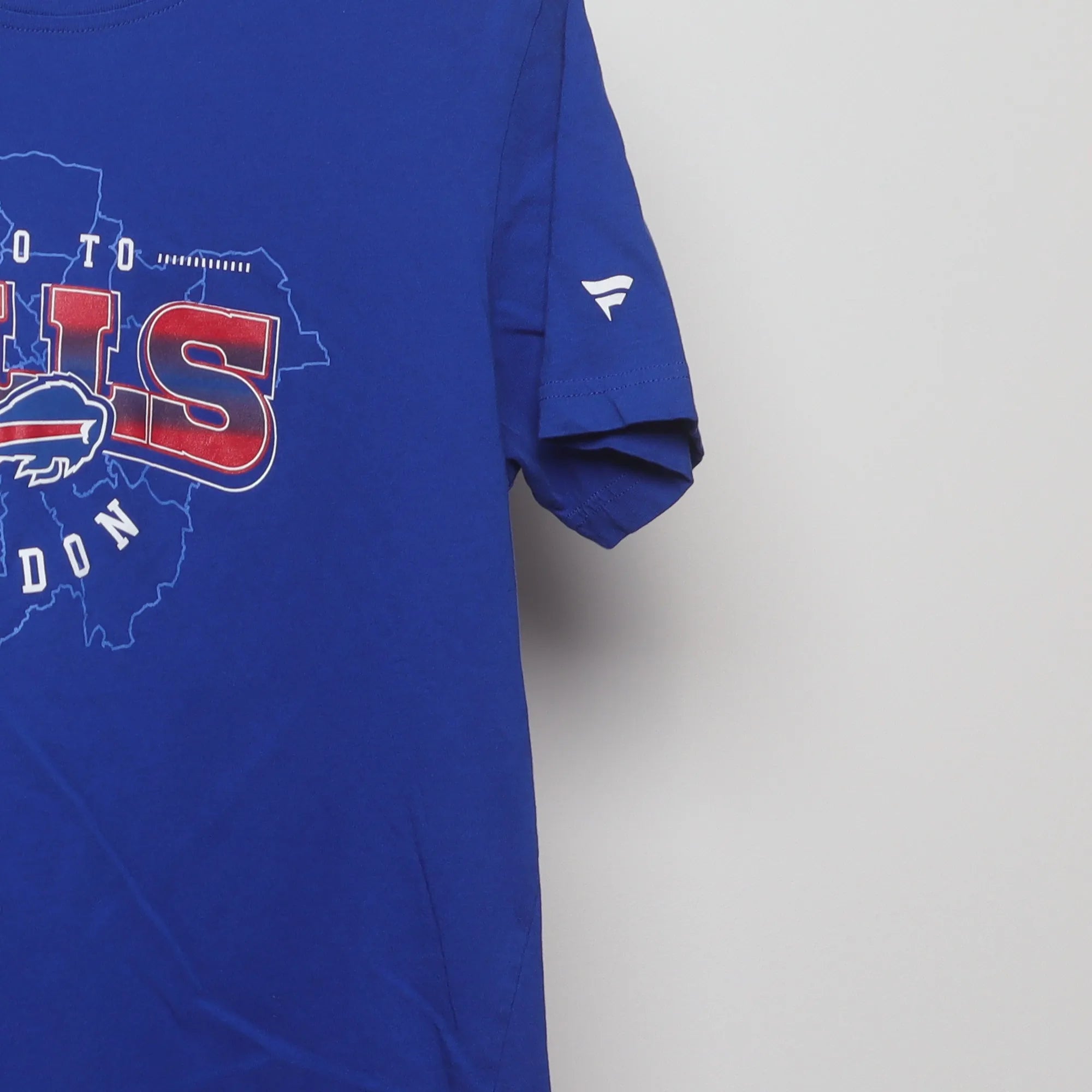 Close-up of the sleeve on the Modern Buffalo Bills London Game T-Shirt M