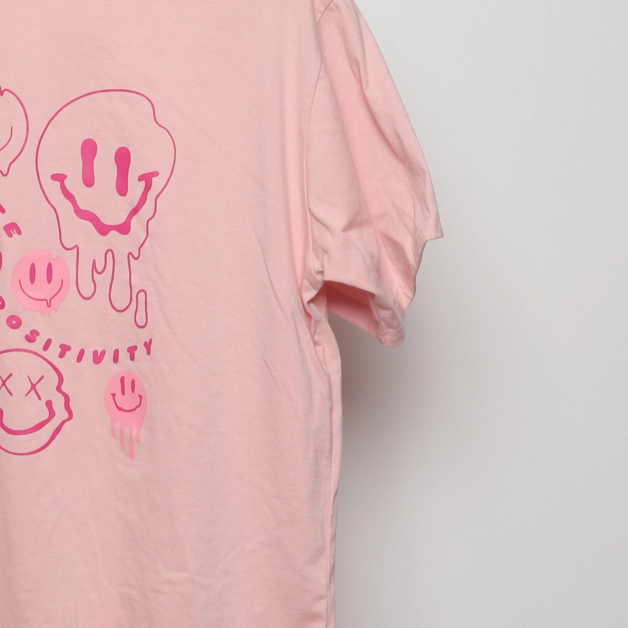 Close-up of the sleeve on the Modern Drippy Smiley Face Graphic Tee L