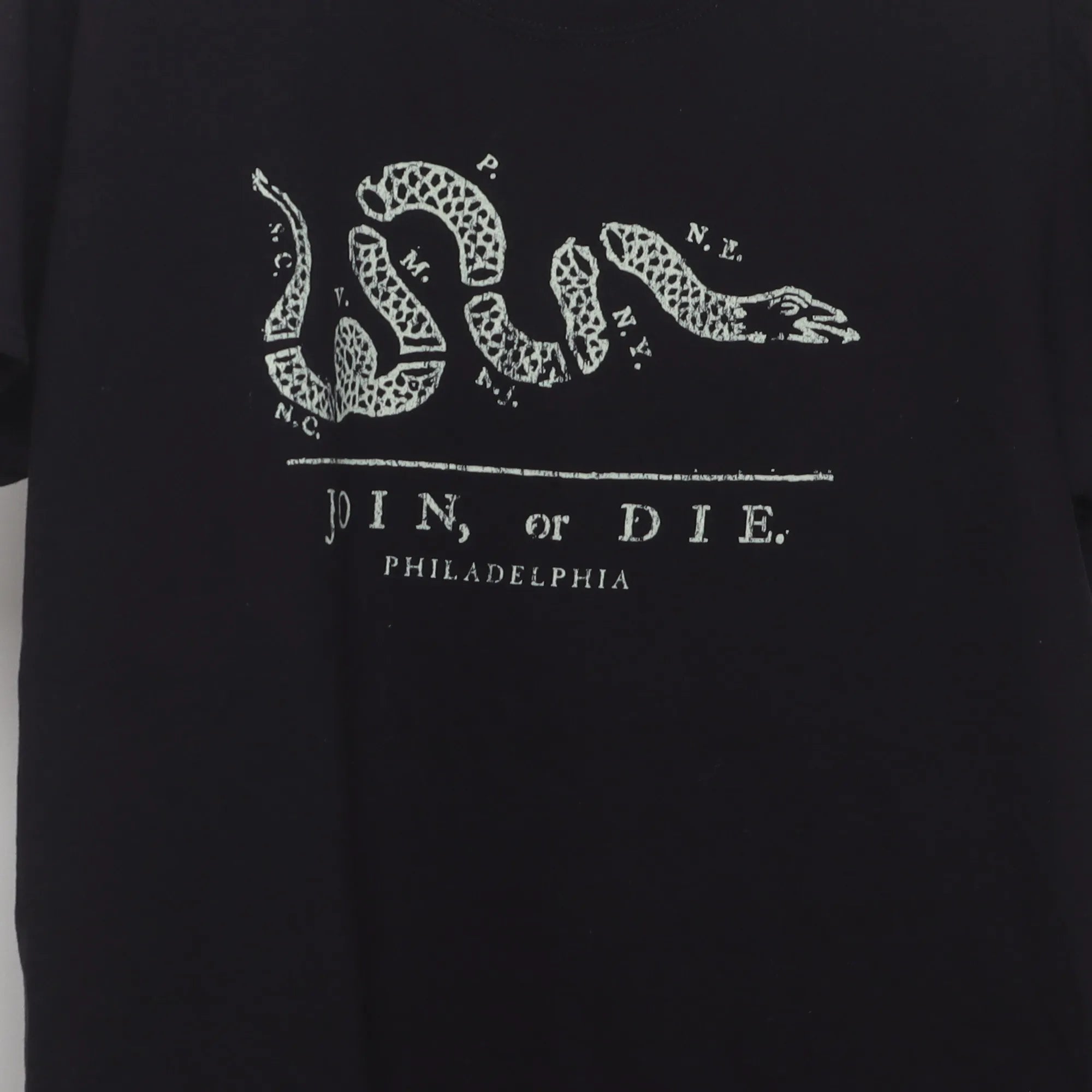 Close-up of the main graphic on the Modern Join or Die Ben Franklin T-Shirt L
