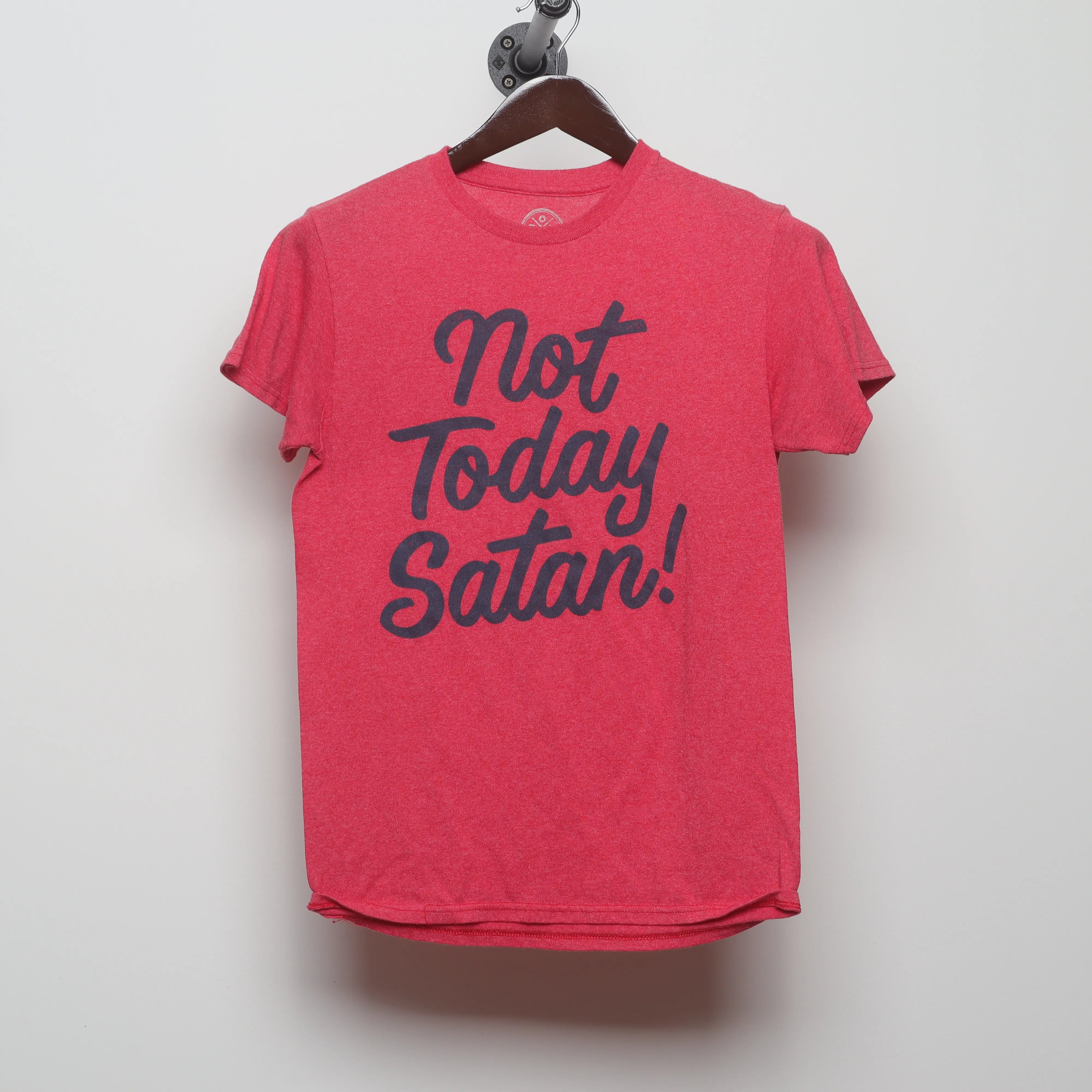 Front view of Modern Not Today Satan Slogan Graphic T-Shirt S