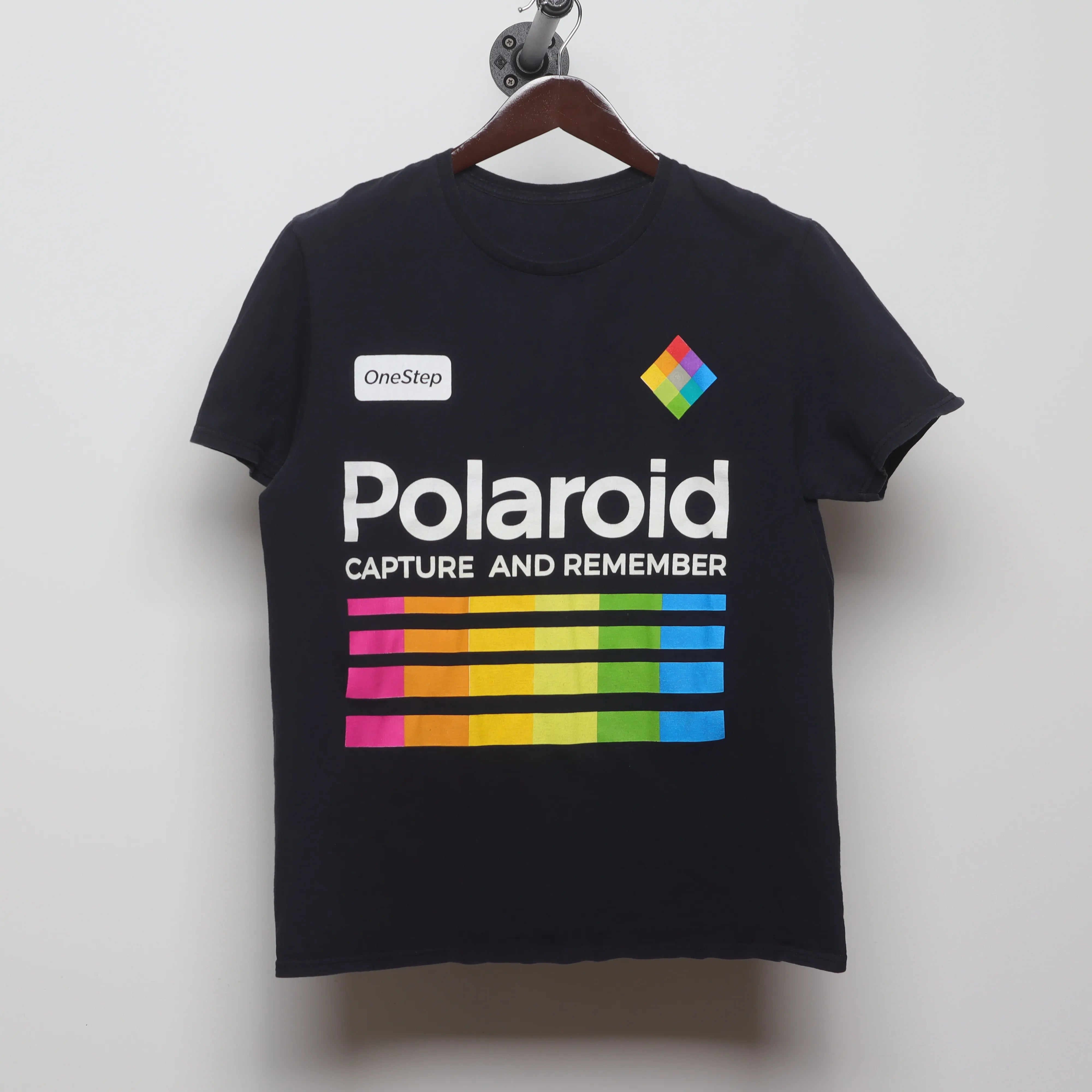 Front view of Modern Polaroid Retro Rainbow Logo T-Shirt M