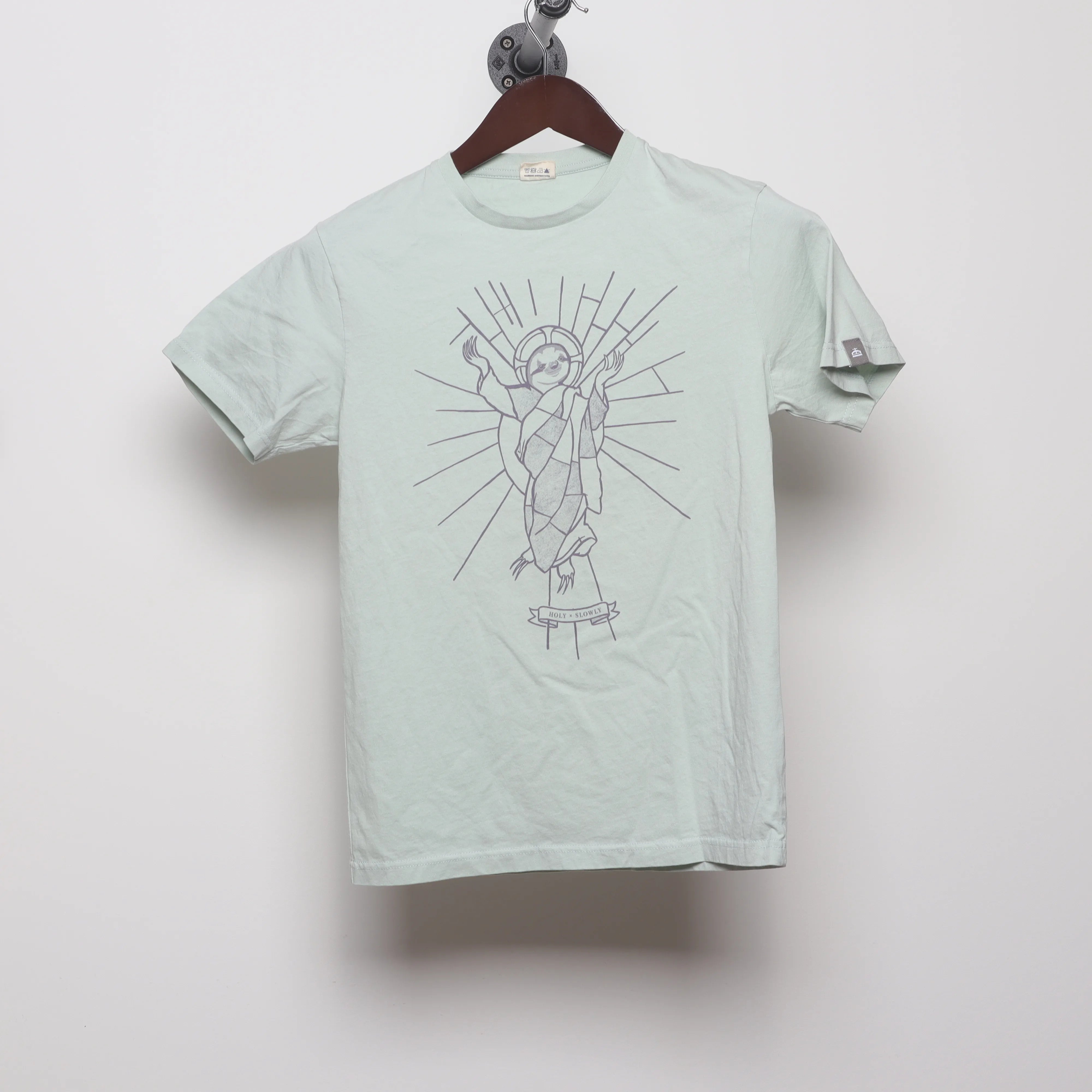 Front view of Modern Sloth Saint Parody Graphic T-Shirt XS