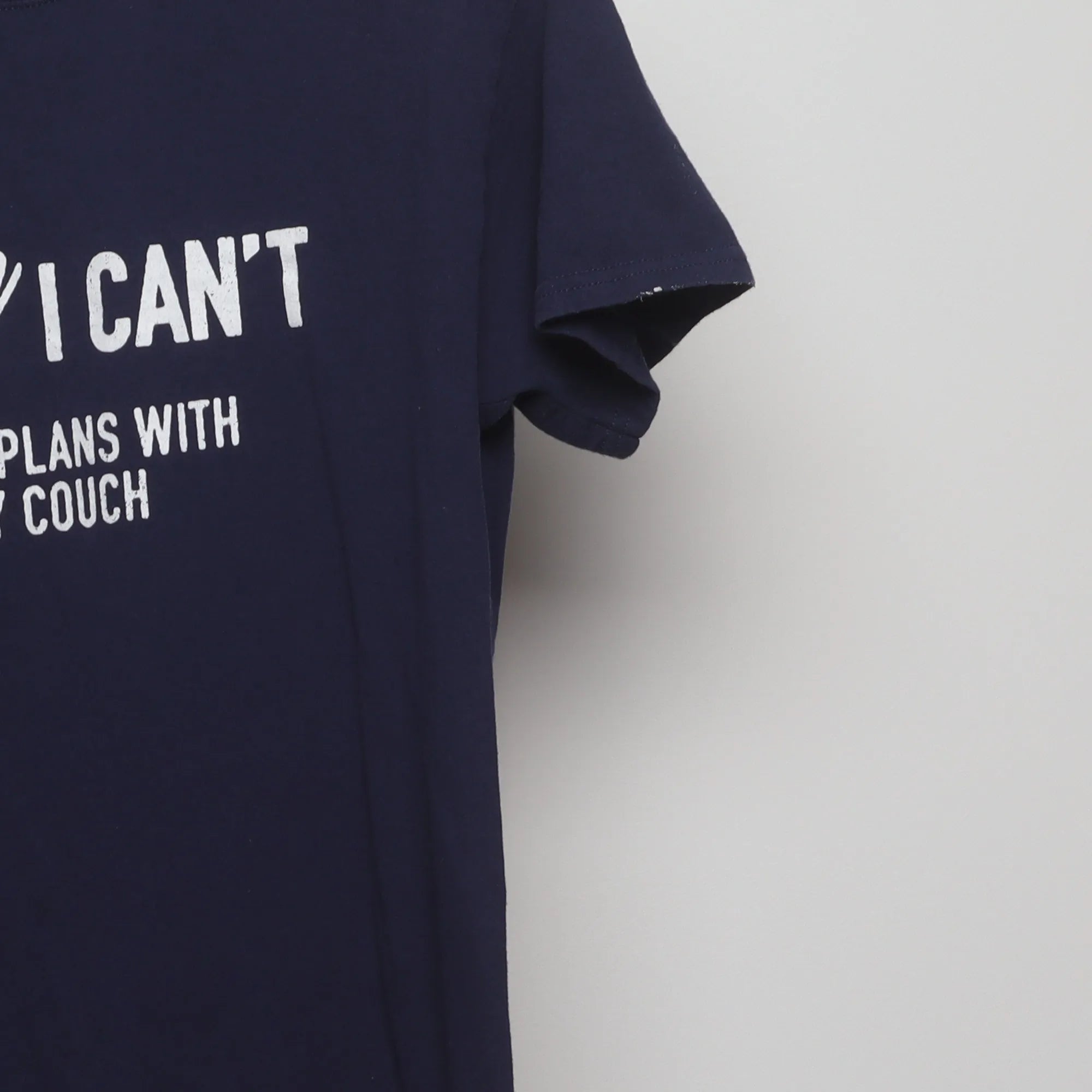 Close-up of the sleeve on the Modern Sorry I Can't Funny Graphic T-Shirt M