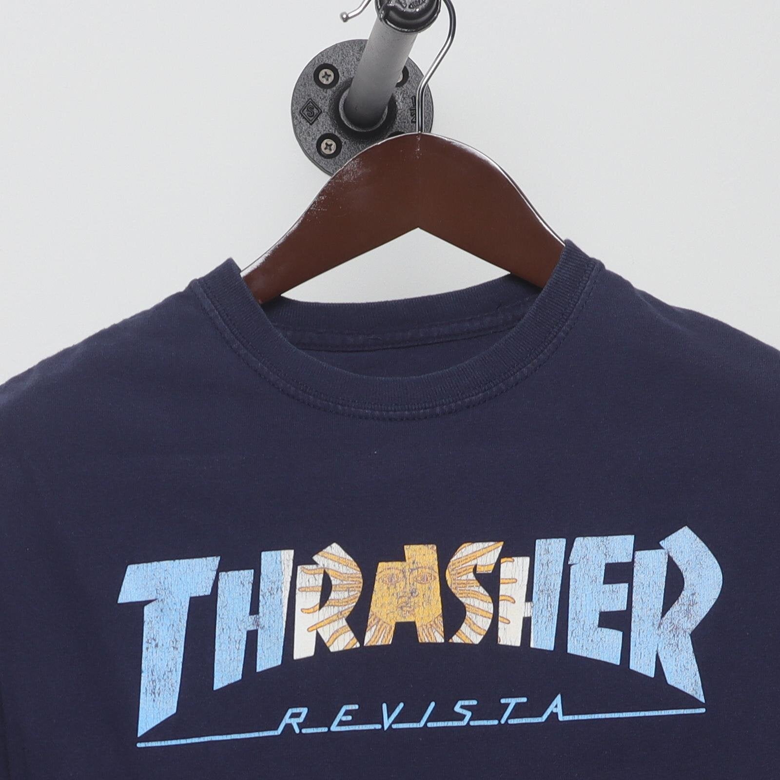 Close-up of the collar and tag on the Modern Thrasher "Broken Board Logo" T-Shirt - S