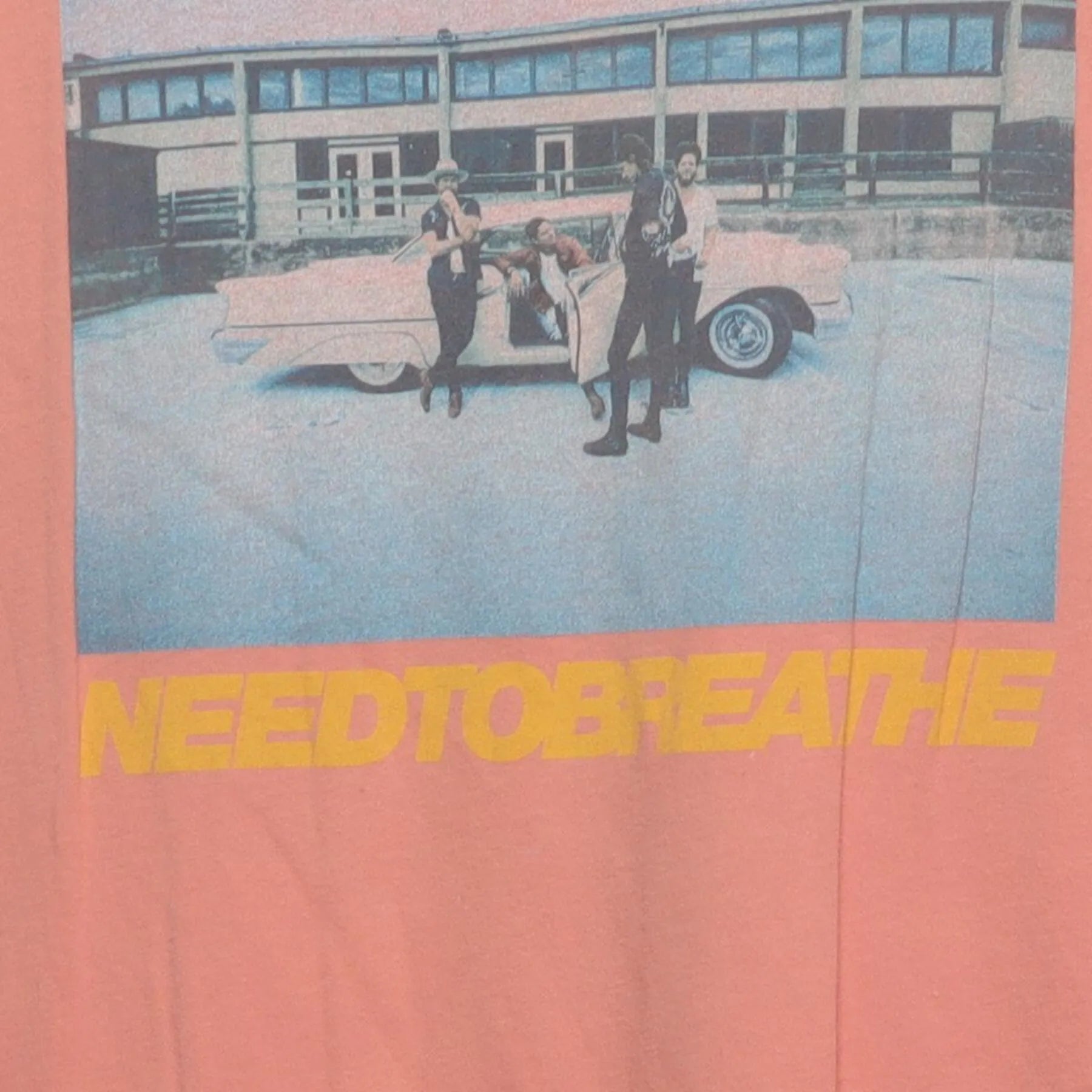 Close-up of the main graphic on the Vintage Y2K Needtobreathe "Band Photo with Vintage Car" T-Shirt - XS