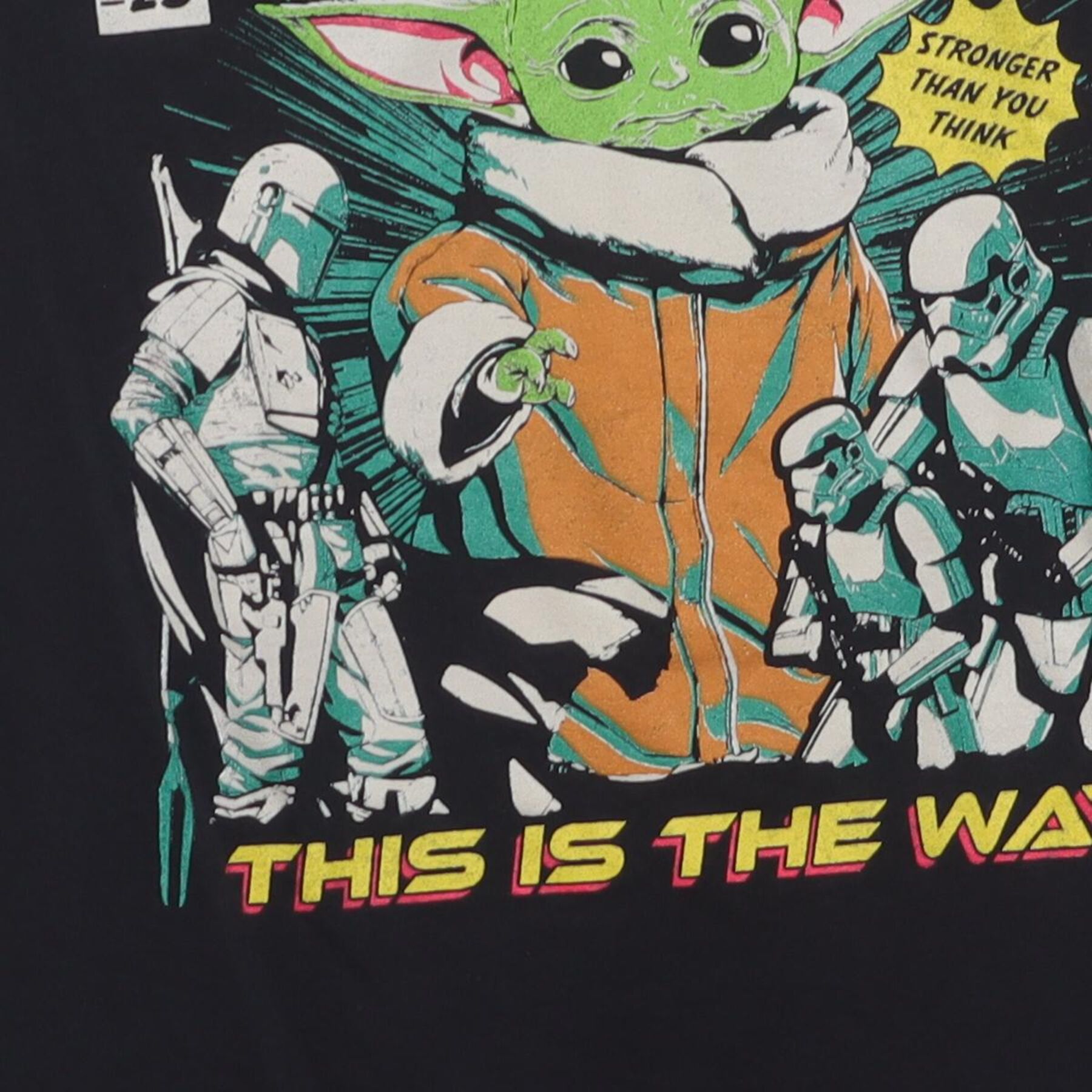 Close-up of the main graphic on the Vintage Y2K Star Wars "The Mandalorian Comic Book" T-Shirt - S