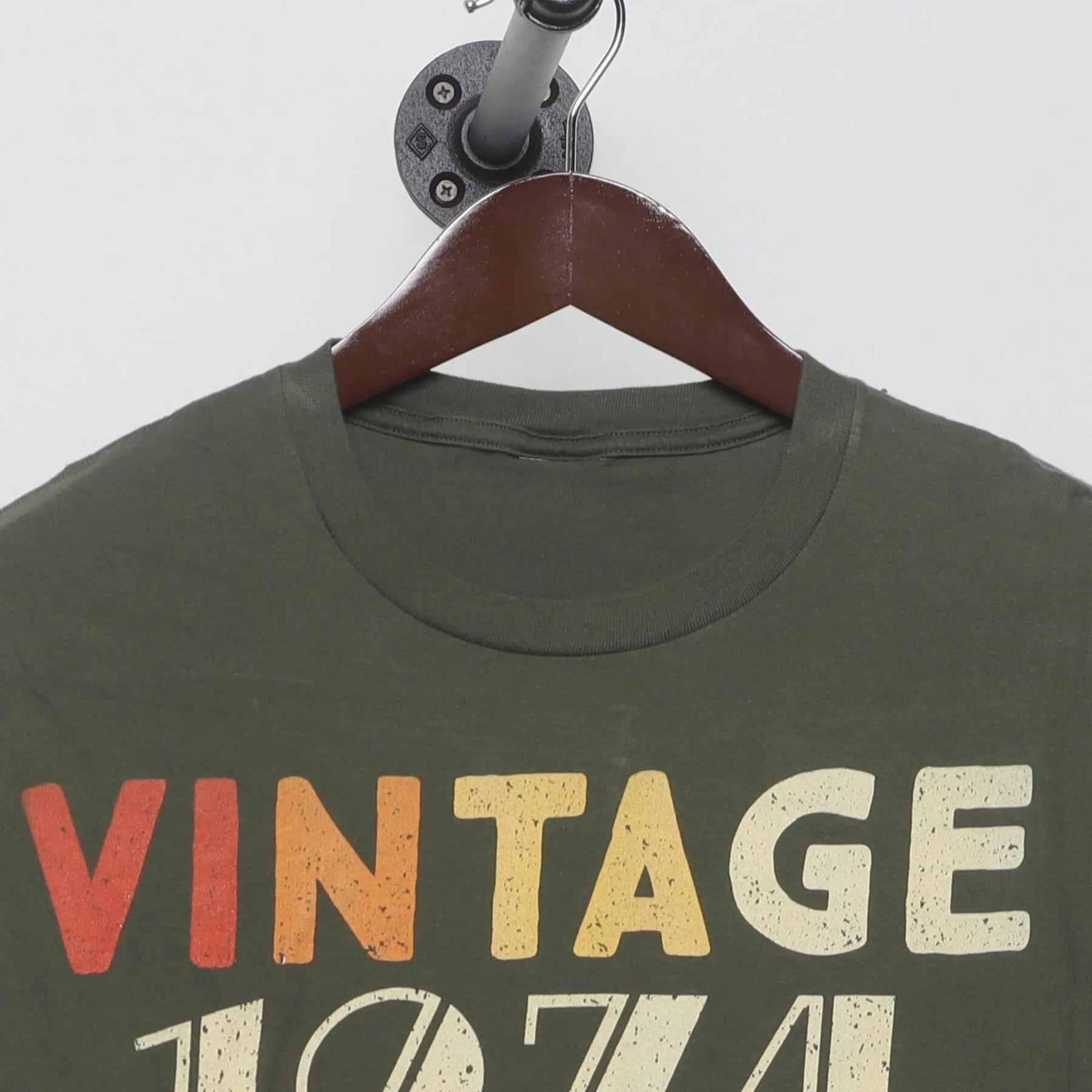 Close-up of the collar and tag on the Vintage 1970s "Vintage 1974" Cassette Tape T-Shirt - S