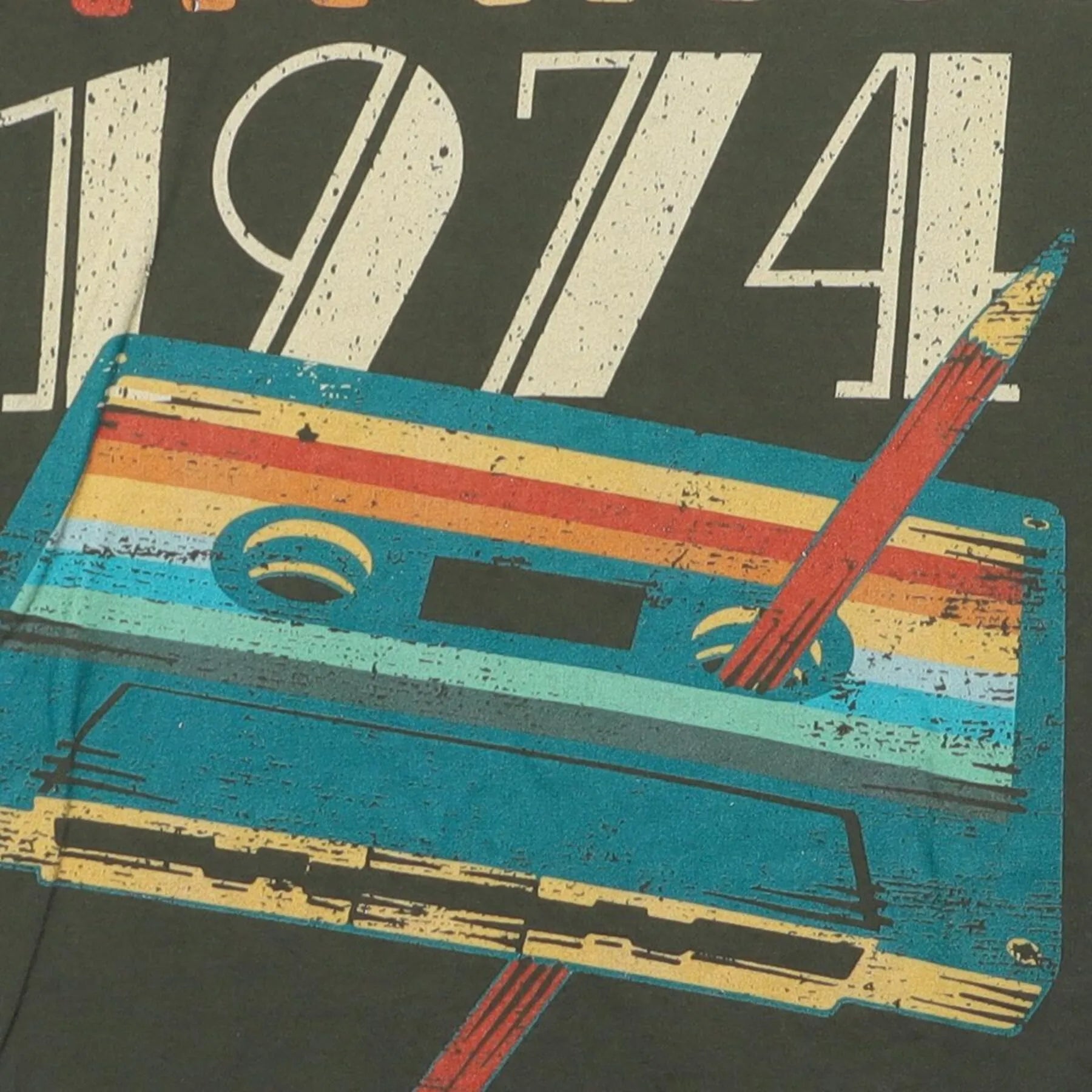 Close-up of the main graphic on the Vintage 1970s "Vintage 1974" Cassette Tape T-Shirt - S