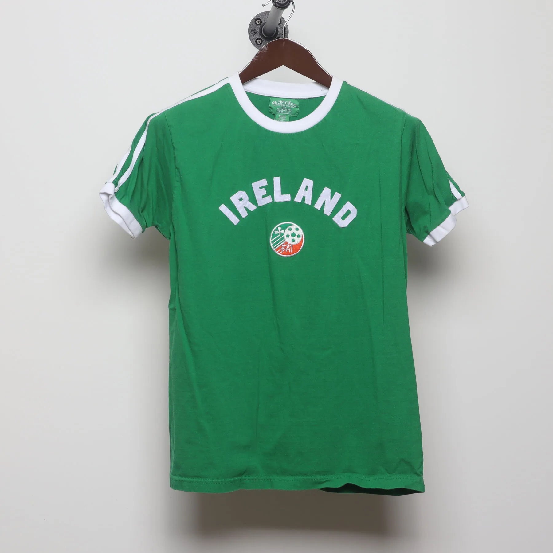 Front view of Vintage 1980s FAI Ireland "Soccer Ringer" T-Shirt - S