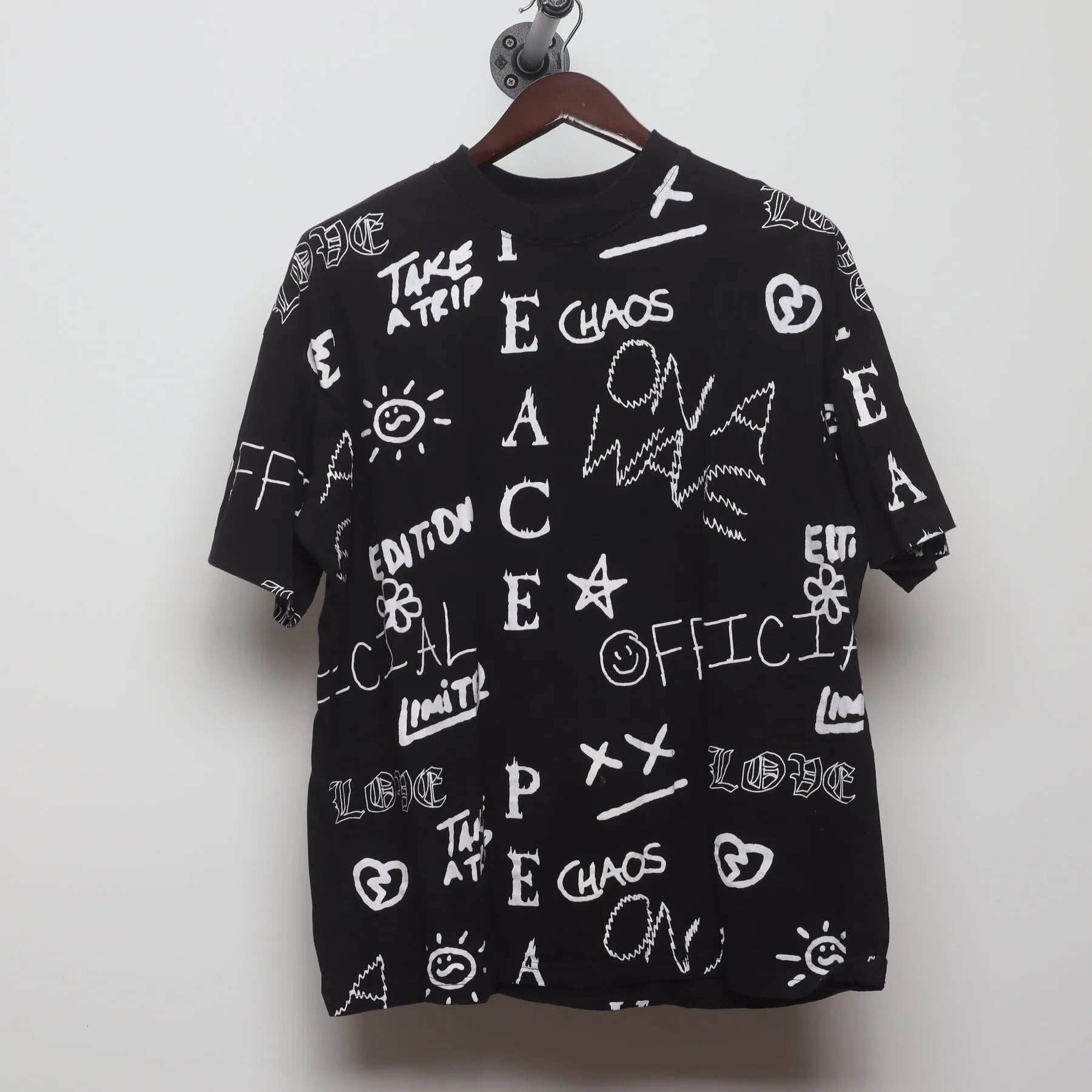 Front view of Vintage 1990s Graffiti Art "Chaos & Peace" All Over Print T-Shirt - XXL