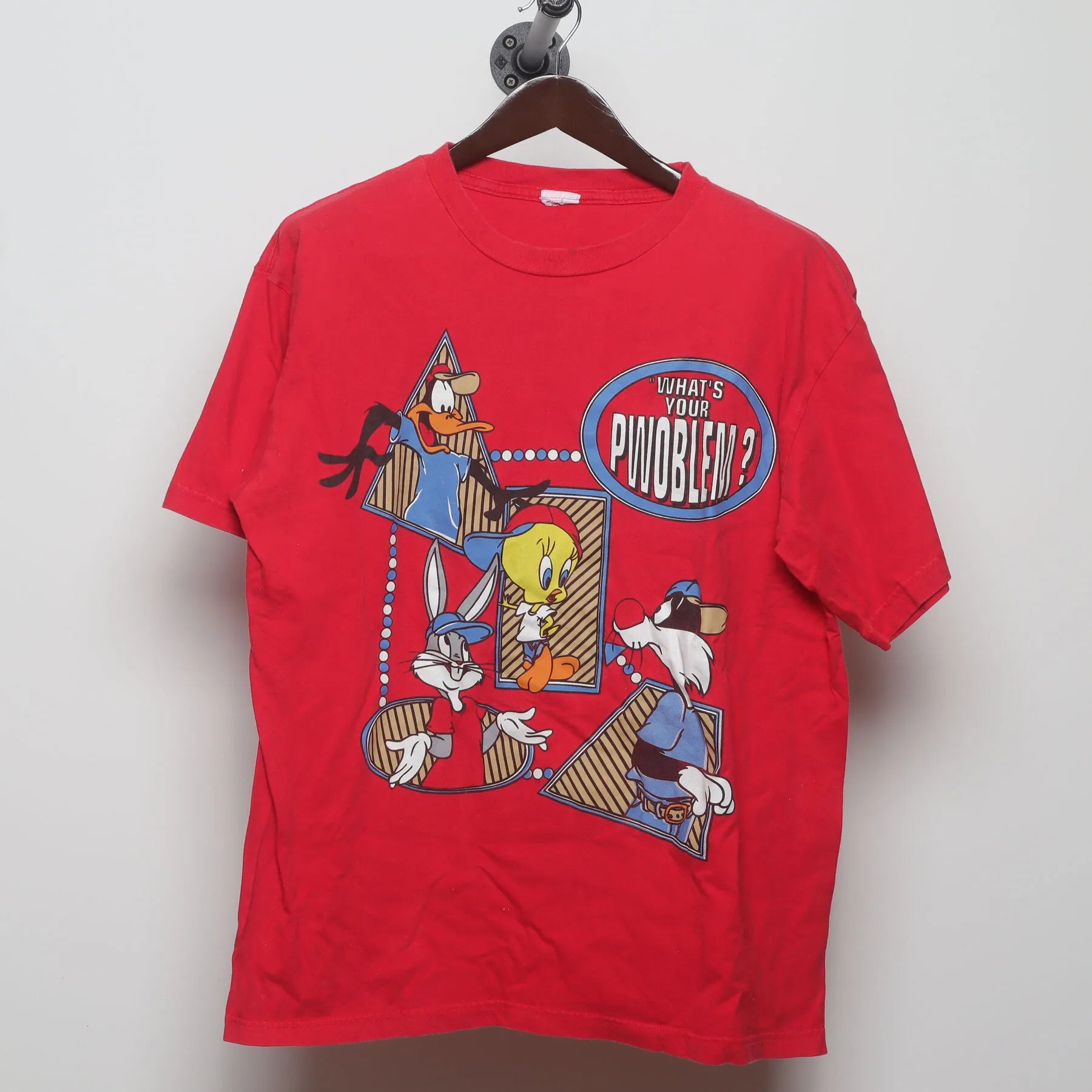 Front view of Vintage 1990s Looney Tunes "What's Your Pwoblem?" T-Shirt - L