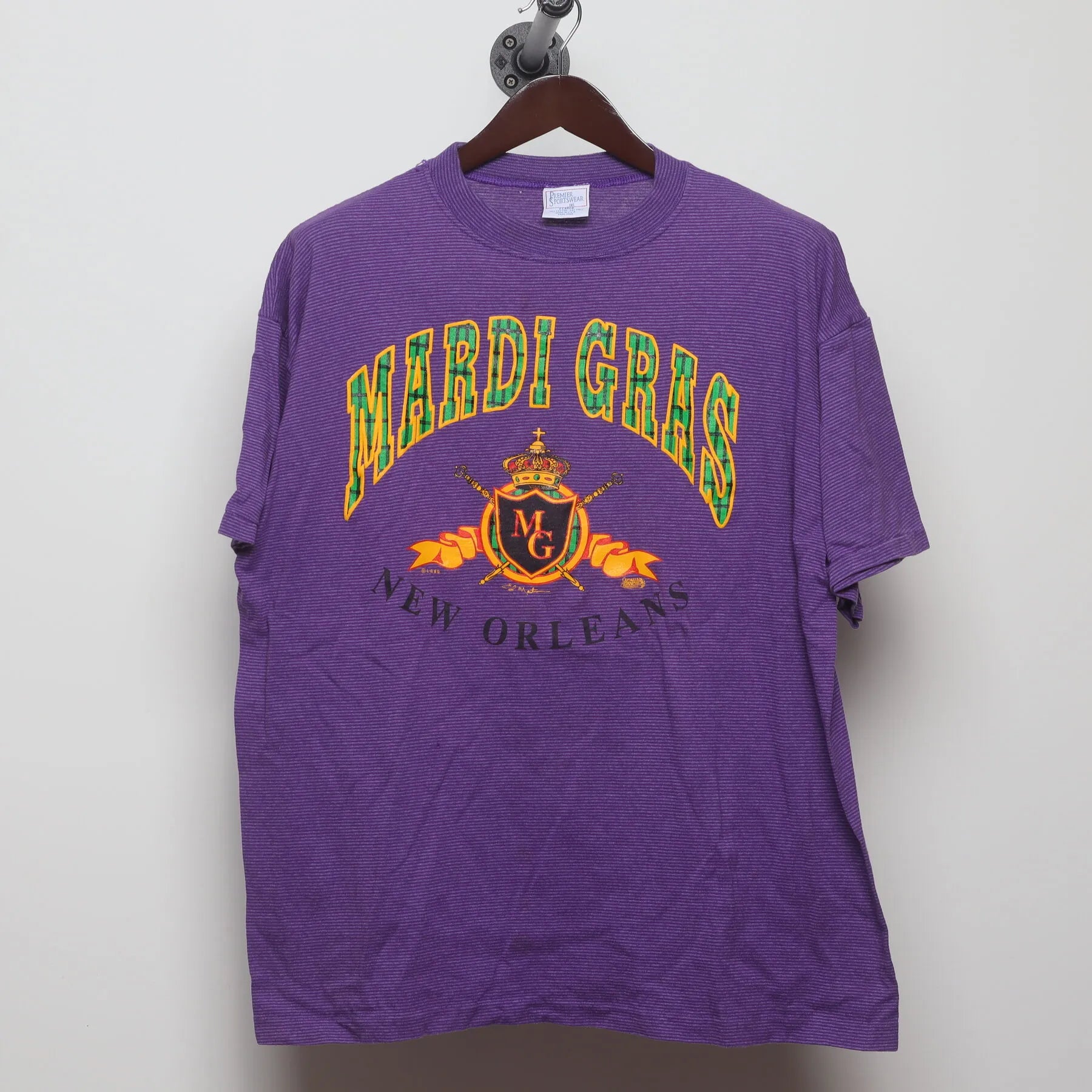 Front view of Vintage 1990s Mardi Gras "New Orleans Crest" T-Shirt - XL