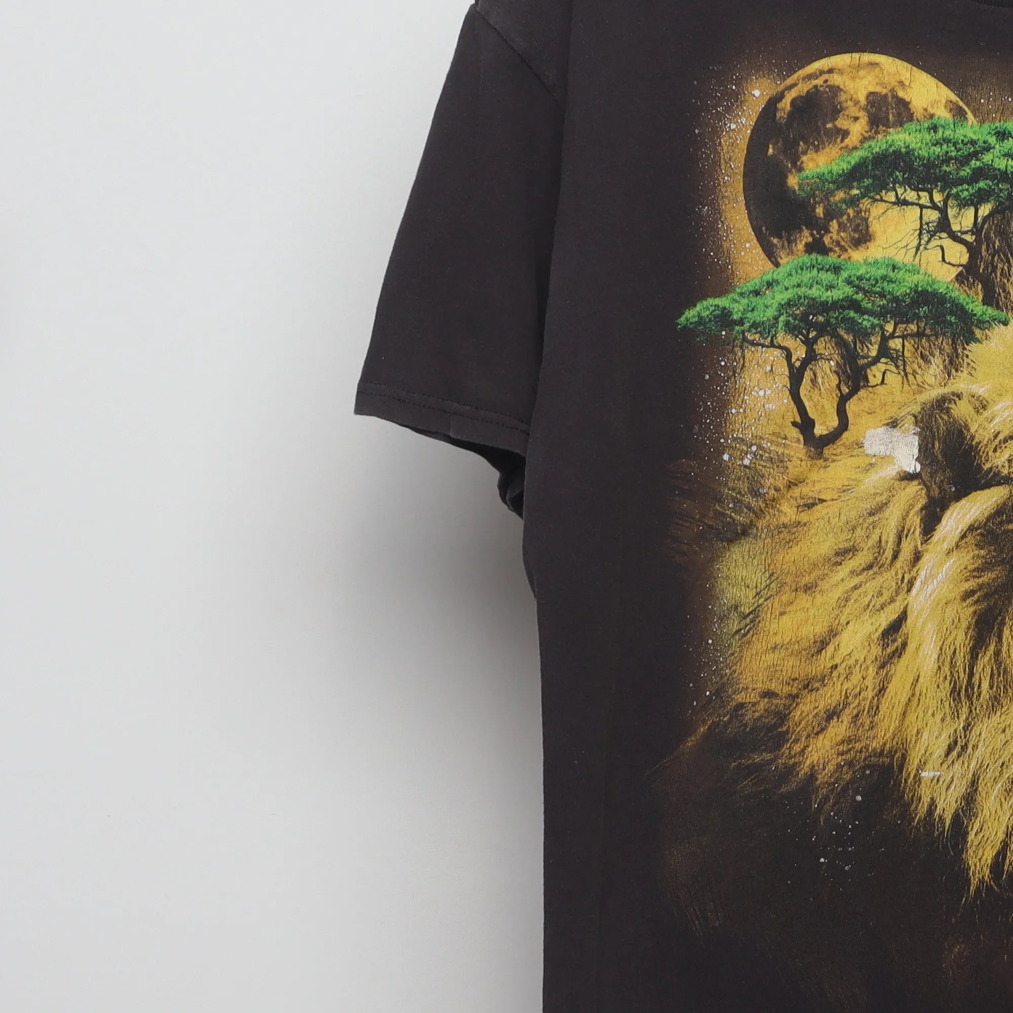 Close-up of the sleeve on the Vintage 2000s Cosmic Lion Nature Graphic T-Shirt L
