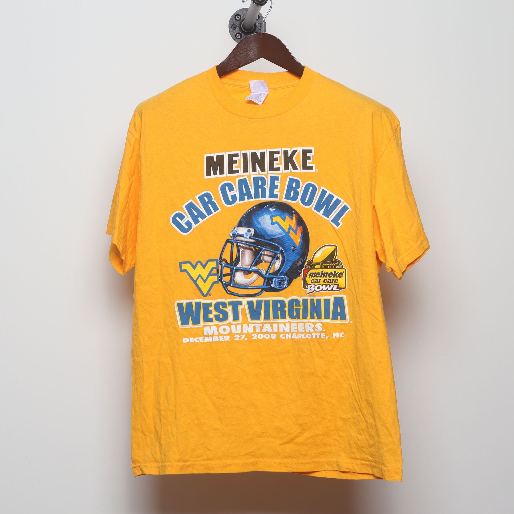 Front view of Vintage Y2K Meineke Car Care Bowl "West Virginia Mountaineers" T-Shirt - L