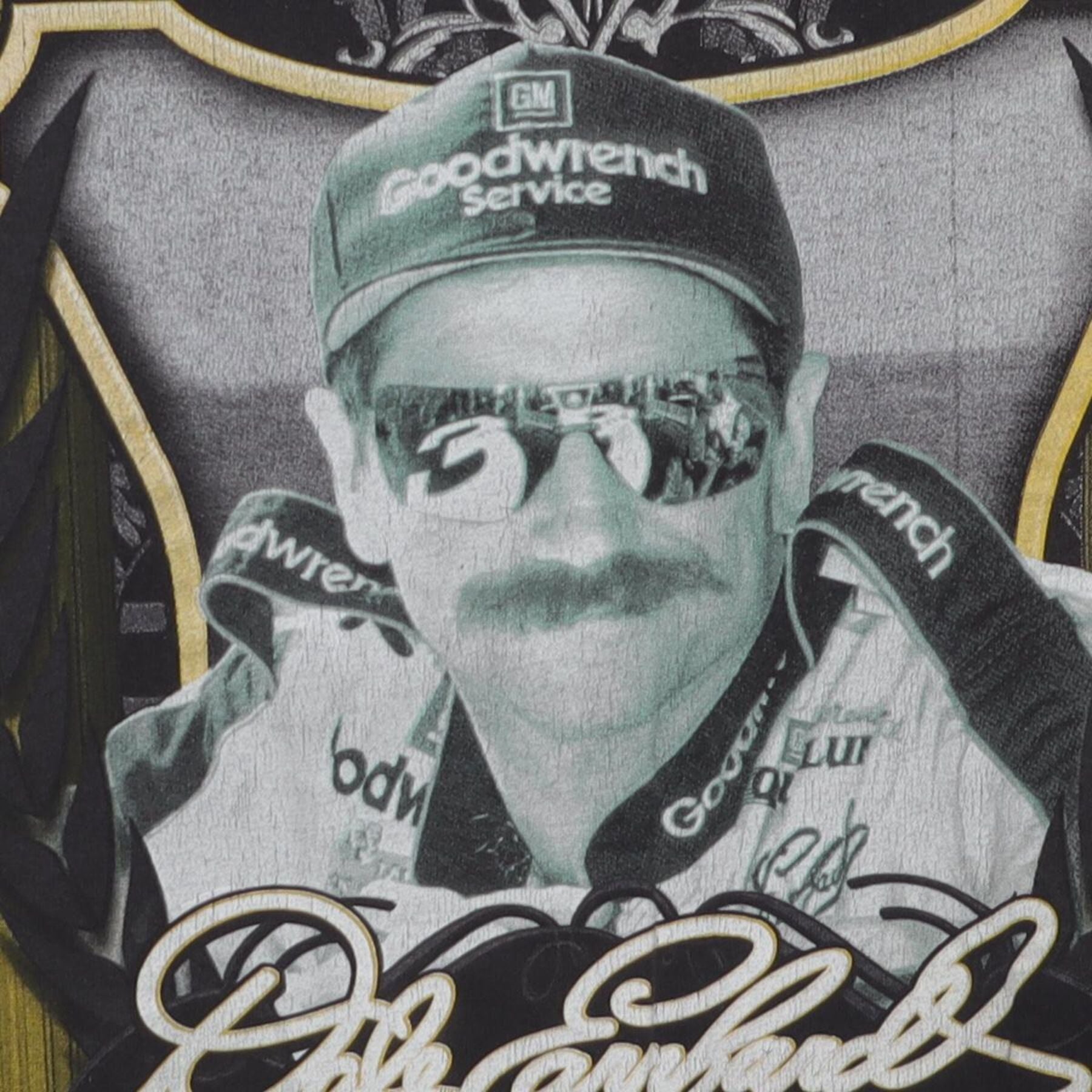 Close-up of the main graphic on the Vintage 2000s Dale Earnhardt "NASCAR Hall of Fame Inaugural Class" T-Shirt - M