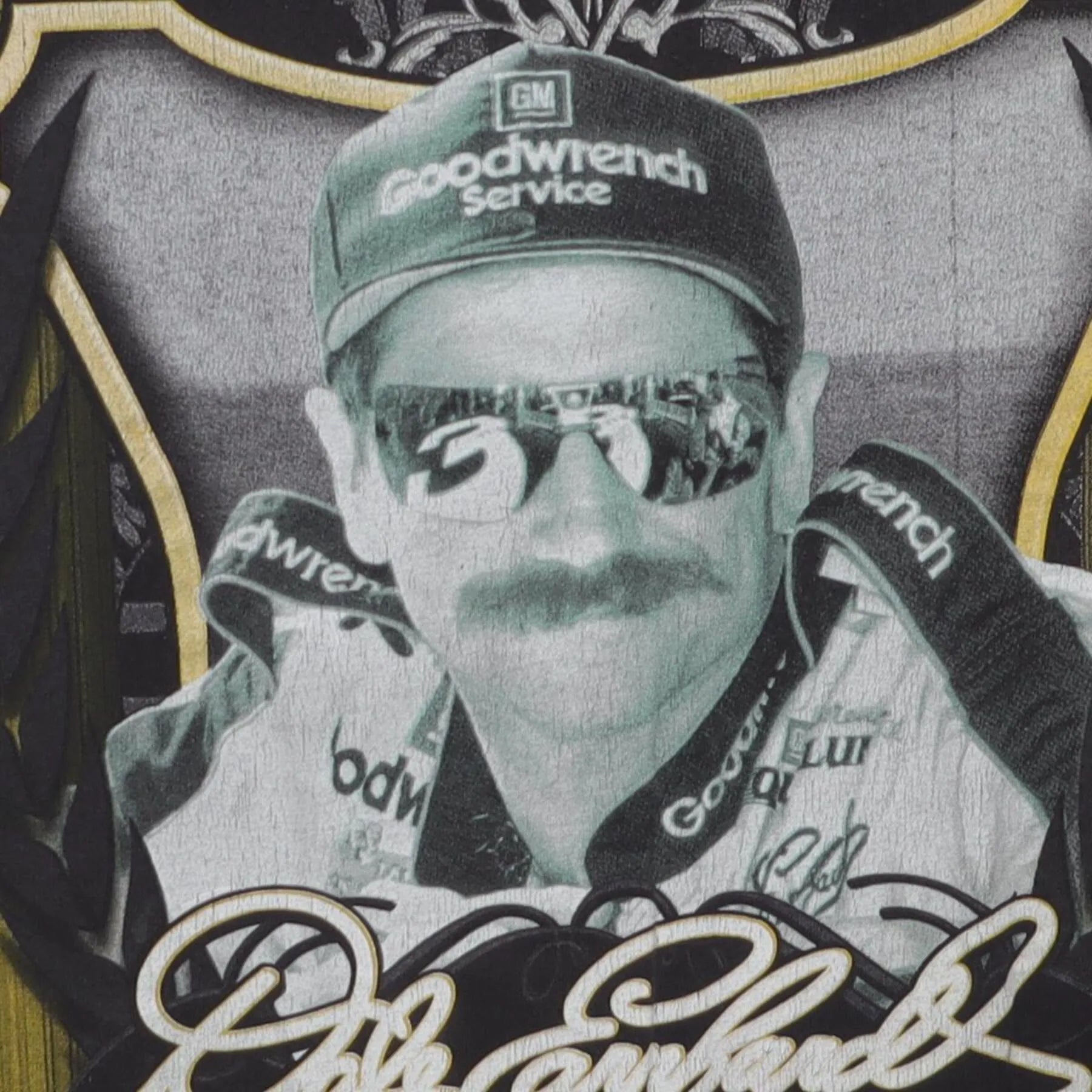 Close-up of the main graphic on the Vintage 2000s Dale Earnhardt "NASCAR Hall of Fame Inaugural Class" T-Shirt - M