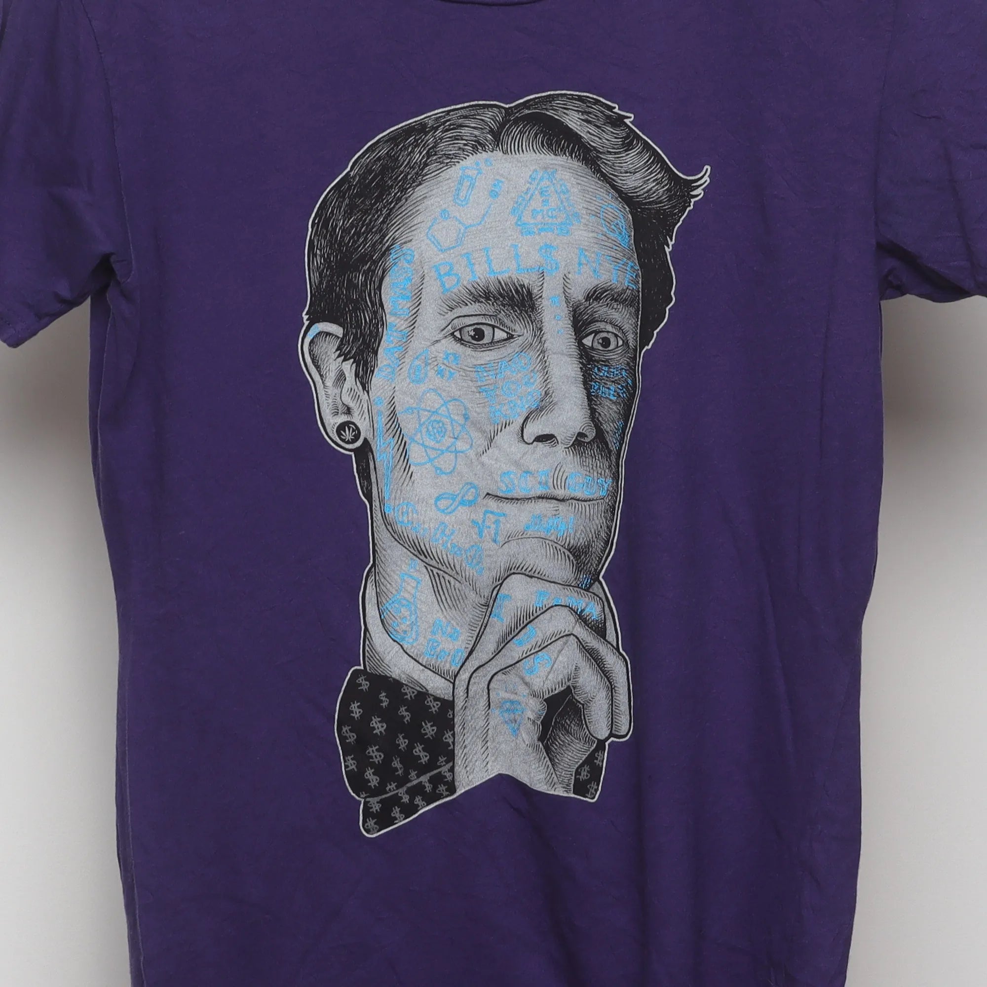 Close-up of the main graphic on the Vintage 2010s Bill Nye Tattoo Graphic Tee S