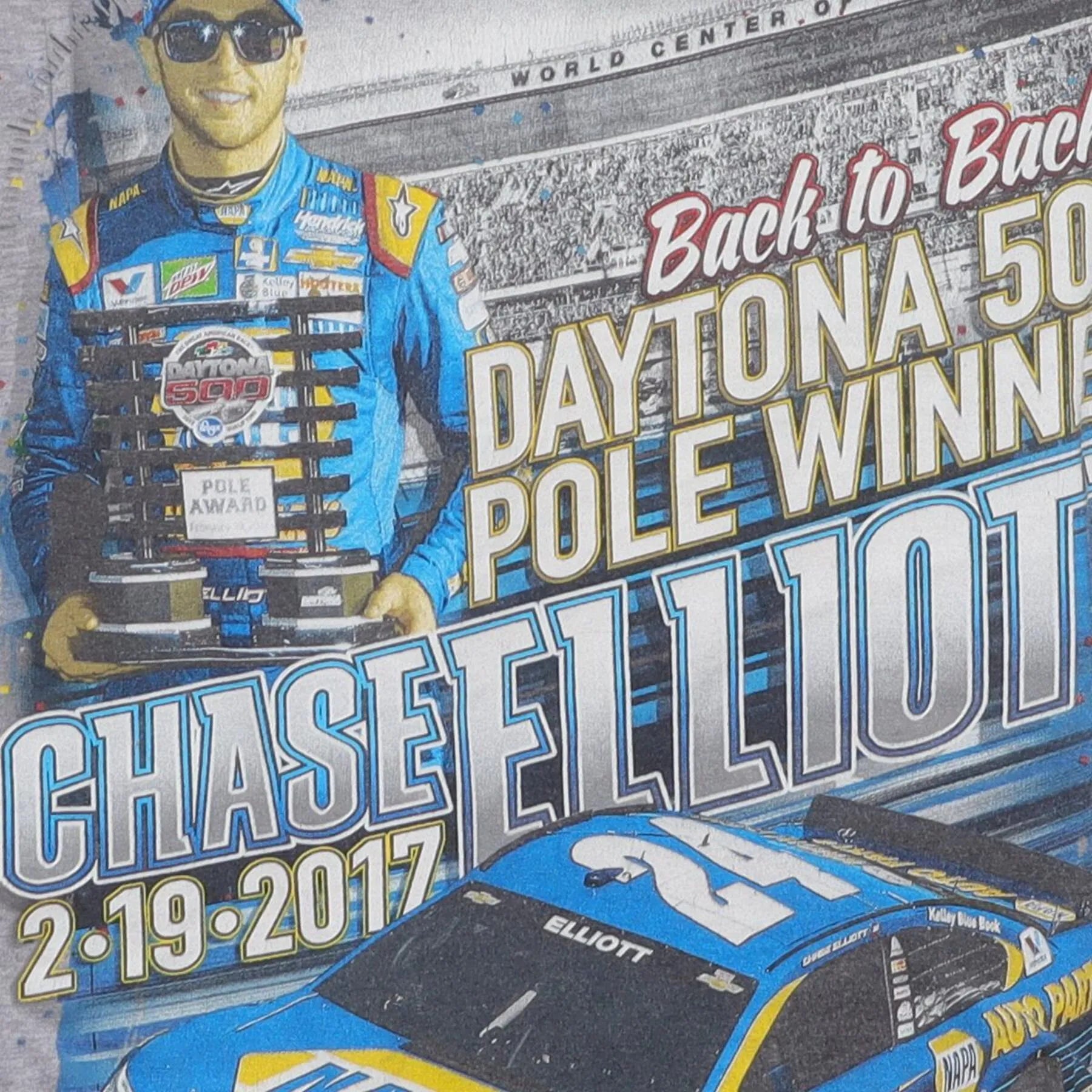 Close-up of the main graphic on the Vintage 2010s Chase Elliott "Daytona 500 Pole Winner" T-Shirt - XS