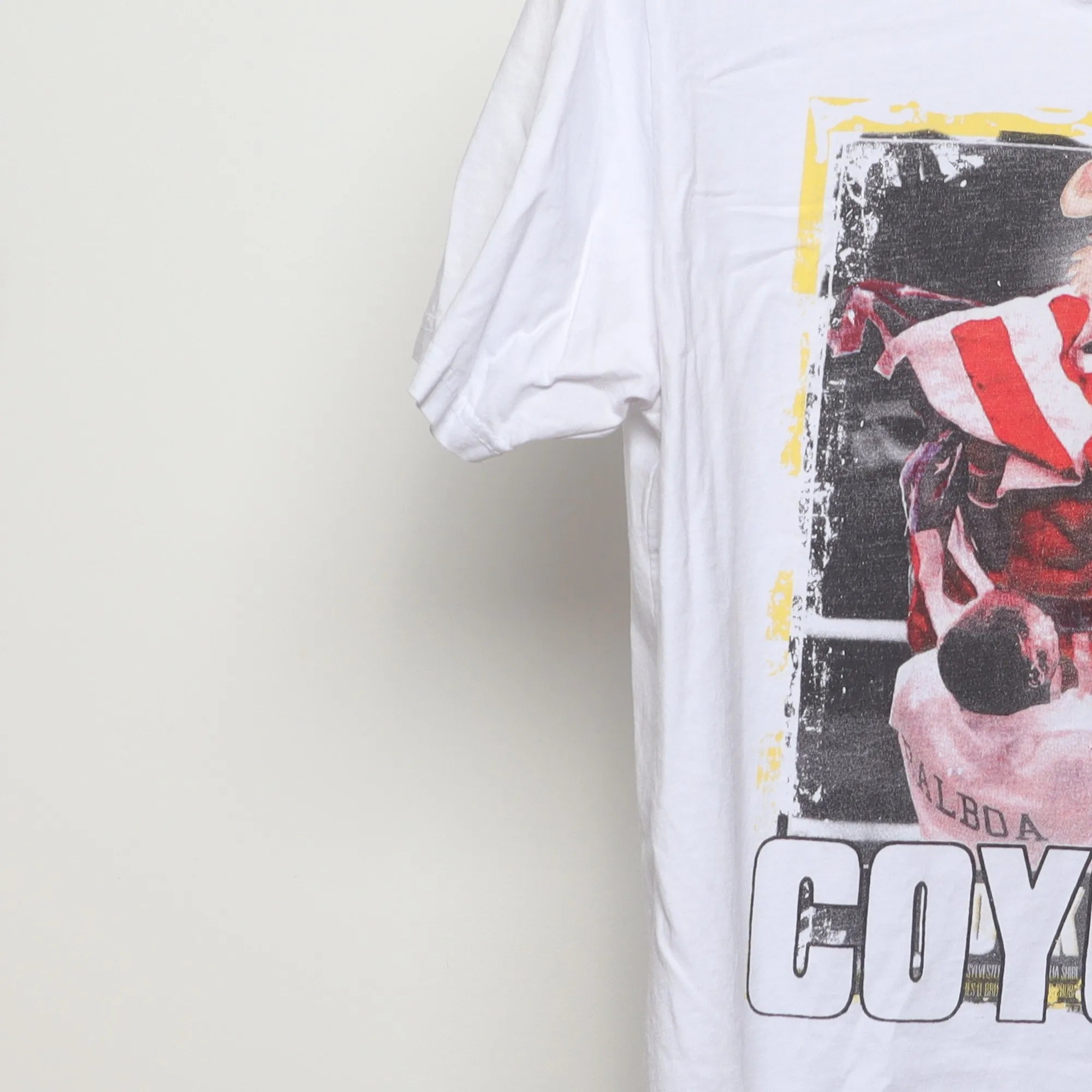 Close-up of the sleeve on the Vintage 2010s Spurs Coyote Rocky Parody Tee L