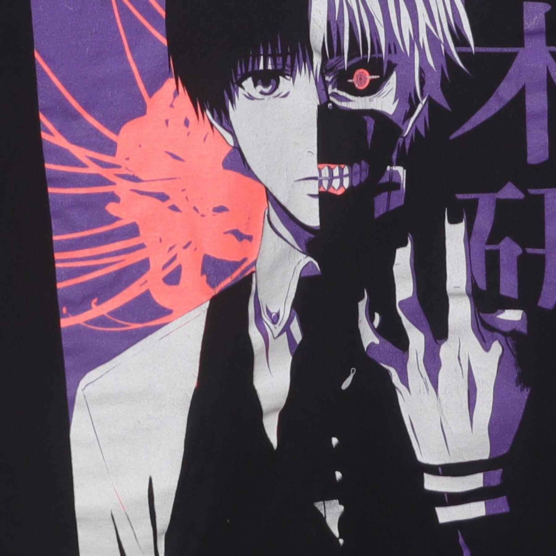 Close-up of the main graphic on the Vintage 2010s Tokyo Ghoul "Ken Kaneki Split" T-Shirt - S