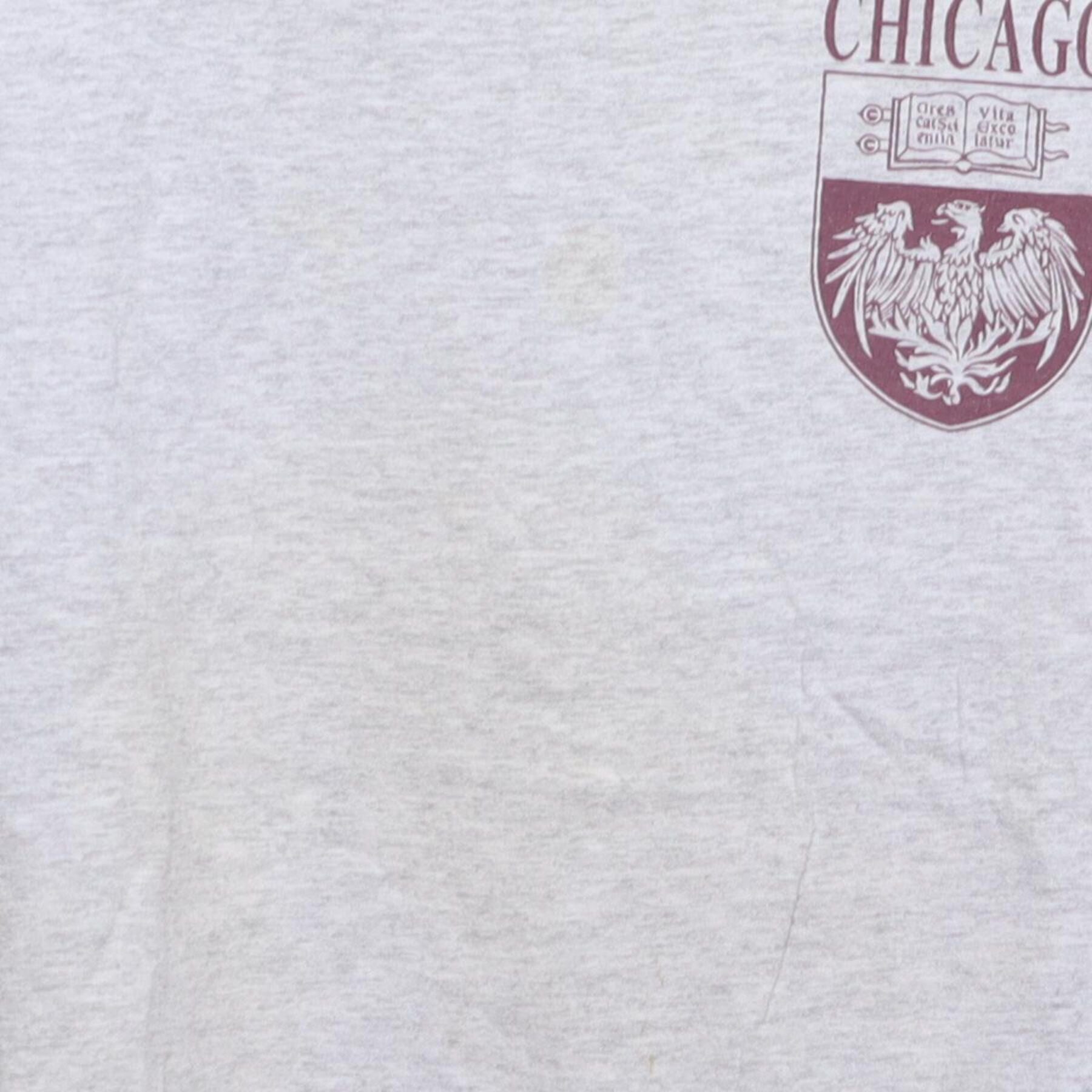 Close-up of the main graphic on the Vintage 1990s Champion "University of Chicago Crest" T-Shirt - L