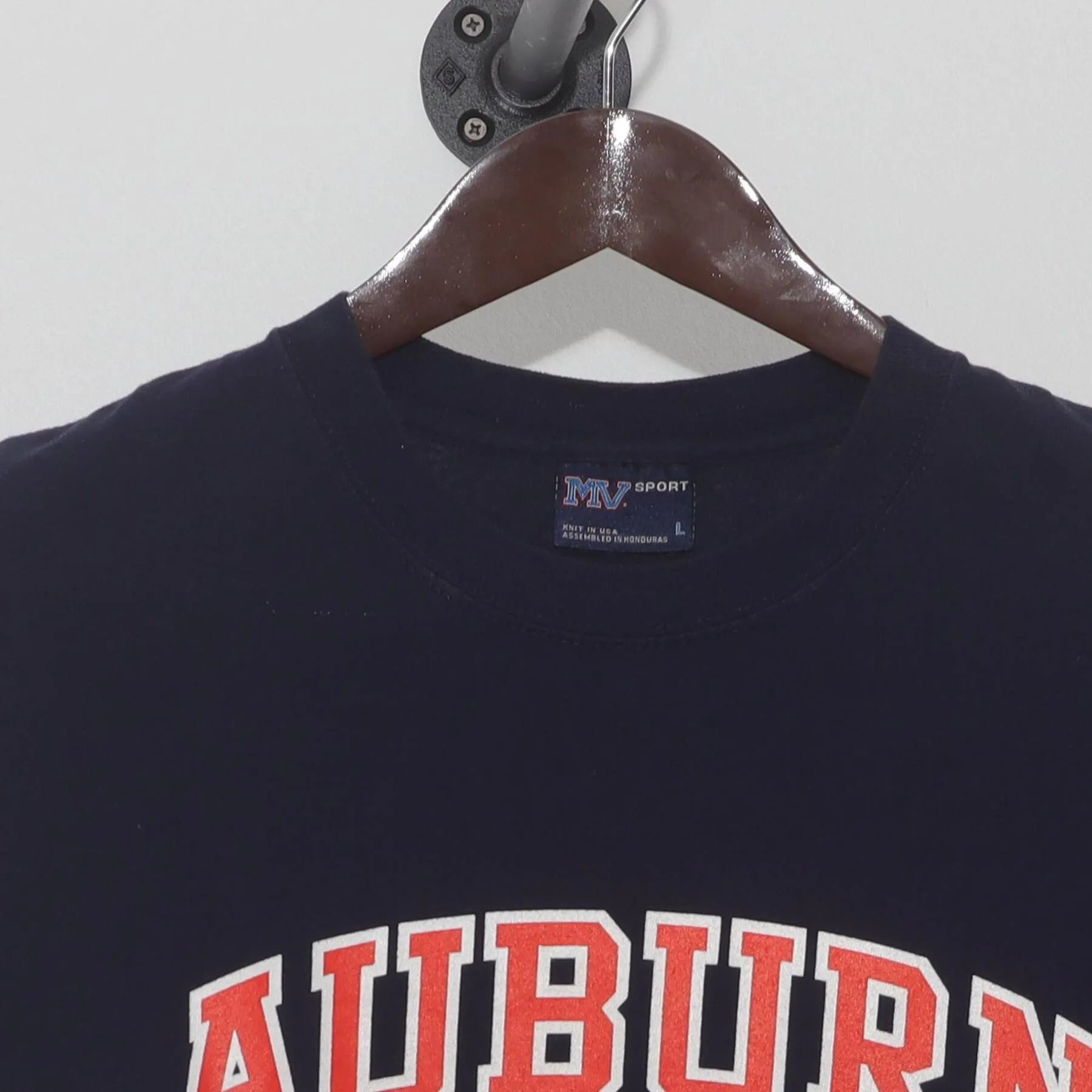 Close-up of the collar and tag on the Vintage 1990s Ralph Lauren Sport "Auburn University" T-Shirt - M