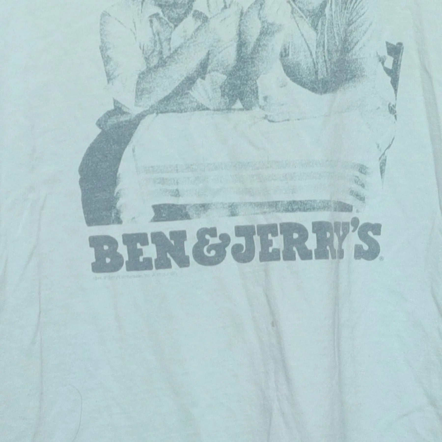 Close-up of the main graphic on the Vintage Y2K Ben & Jerry's "Founders Portrait" T-Shirt - S
