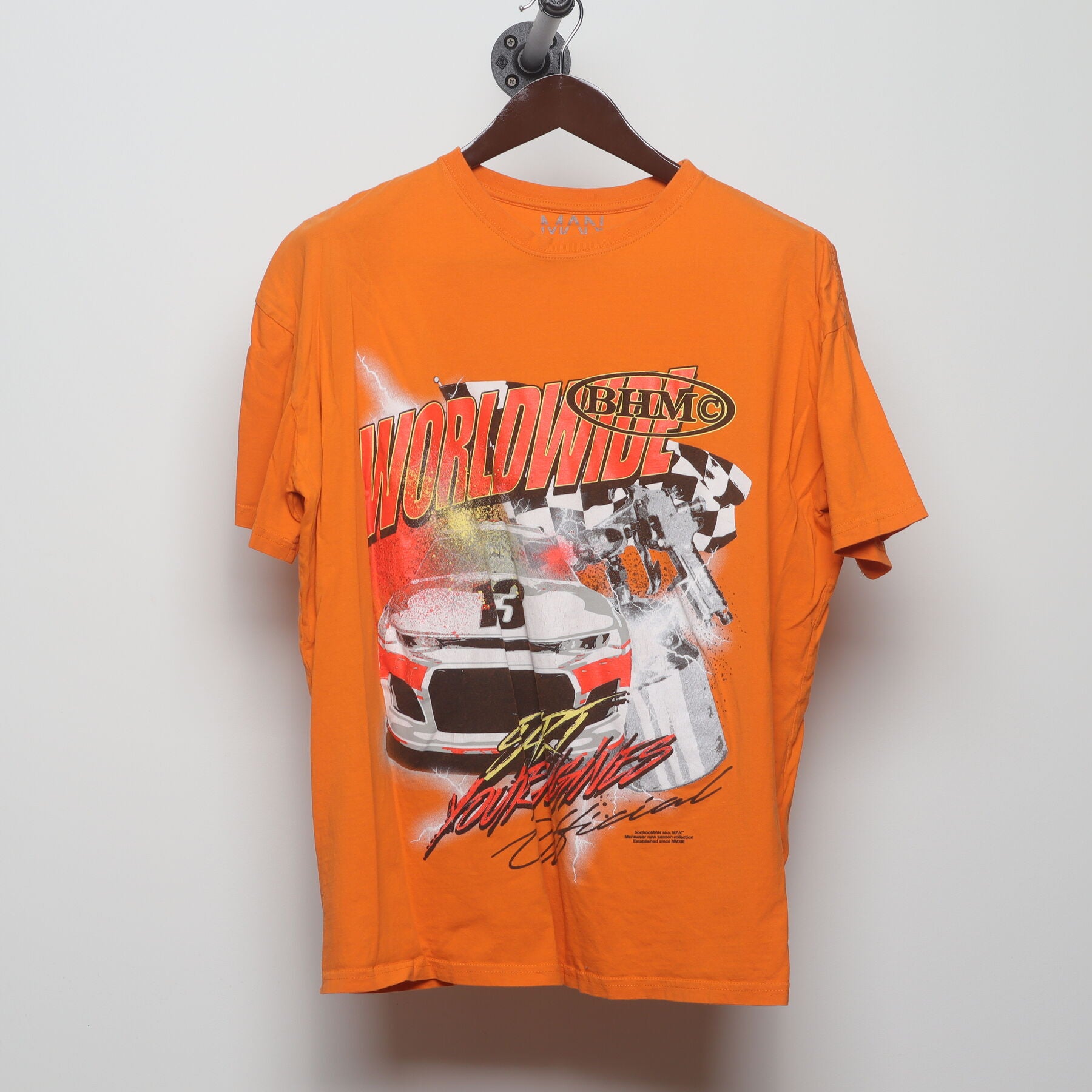 Front view of Vintage Modern BoohooMAN "Worldwide Racing" T-Shirt - XL