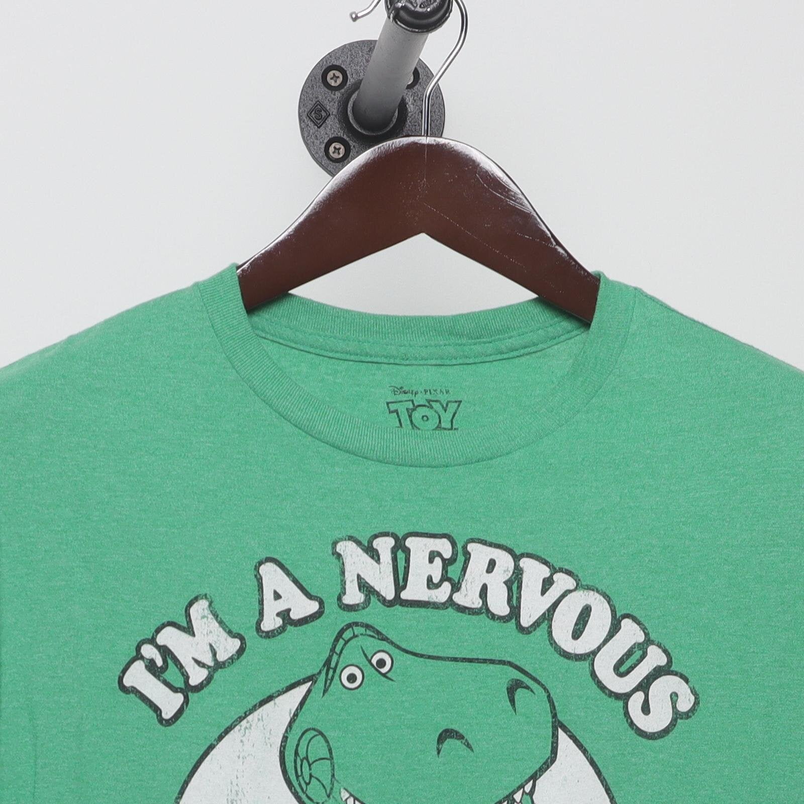 Close-up of the collar and tag on the Vintage Modern Disney Pixar "I'm a Nervous Rex" T-Shirt - L