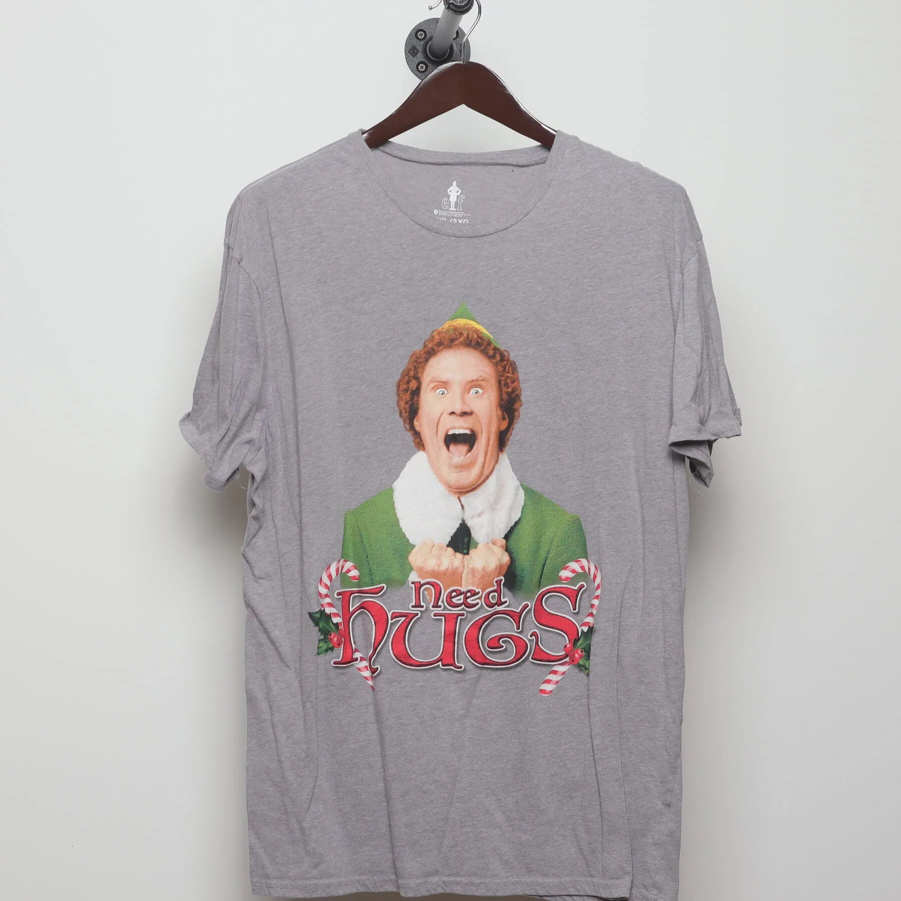 Front view of Vintage Modern Elf Movie "Need Hugs" T-Shirt - XXL