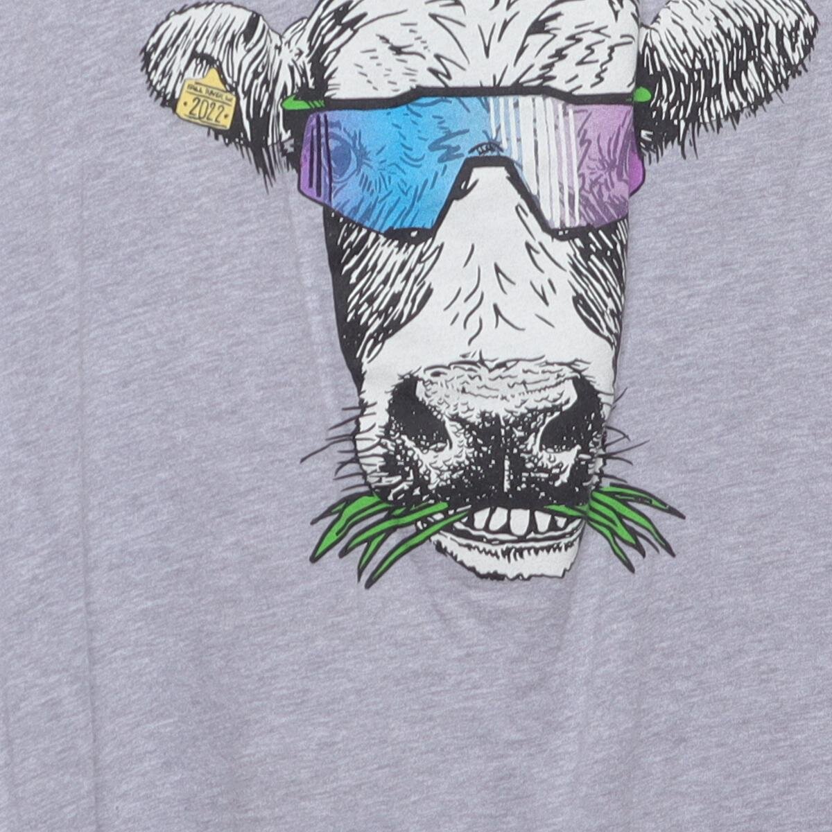 Close-up of the main graphic on the Vintage Modern Englewood Grass Farm "Cycling Cow" T-Shirt - M