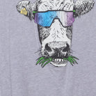 Close-up of the main graphic on the Vintage Modern Englewood Grass Farm "Cycling Cow" T-Shirt - M