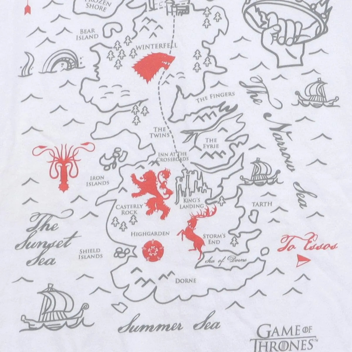 Close-up of the main graphic on the Vintage Modern Game of Thrones "Westeros Map" T-Shirt - L