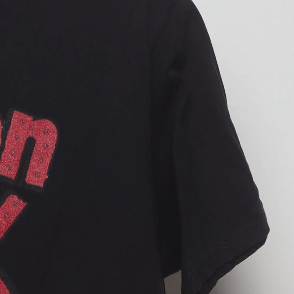 Close-up of the sleeve on the Vintage Modern General Mills "Franken Berry" T-Shirt - L