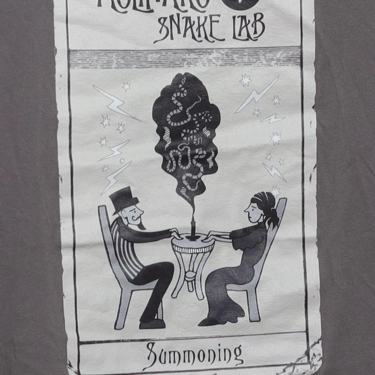 Close-up of the main graphic on the Vintage Modern Molinaro Snake Lab "Summoning Tarot Card" T-Shirt - M