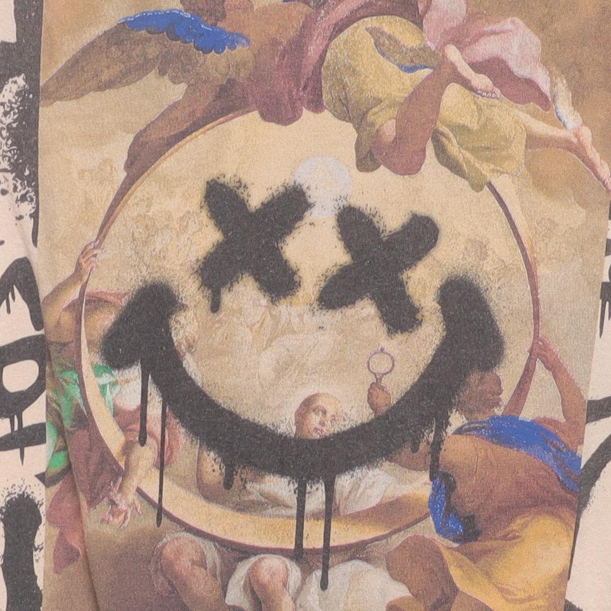 Close-up of the main graphic on the Vintage Modern ON NIGHTS "Los Angeles Graffiti Smiley" T-Shirt - S
