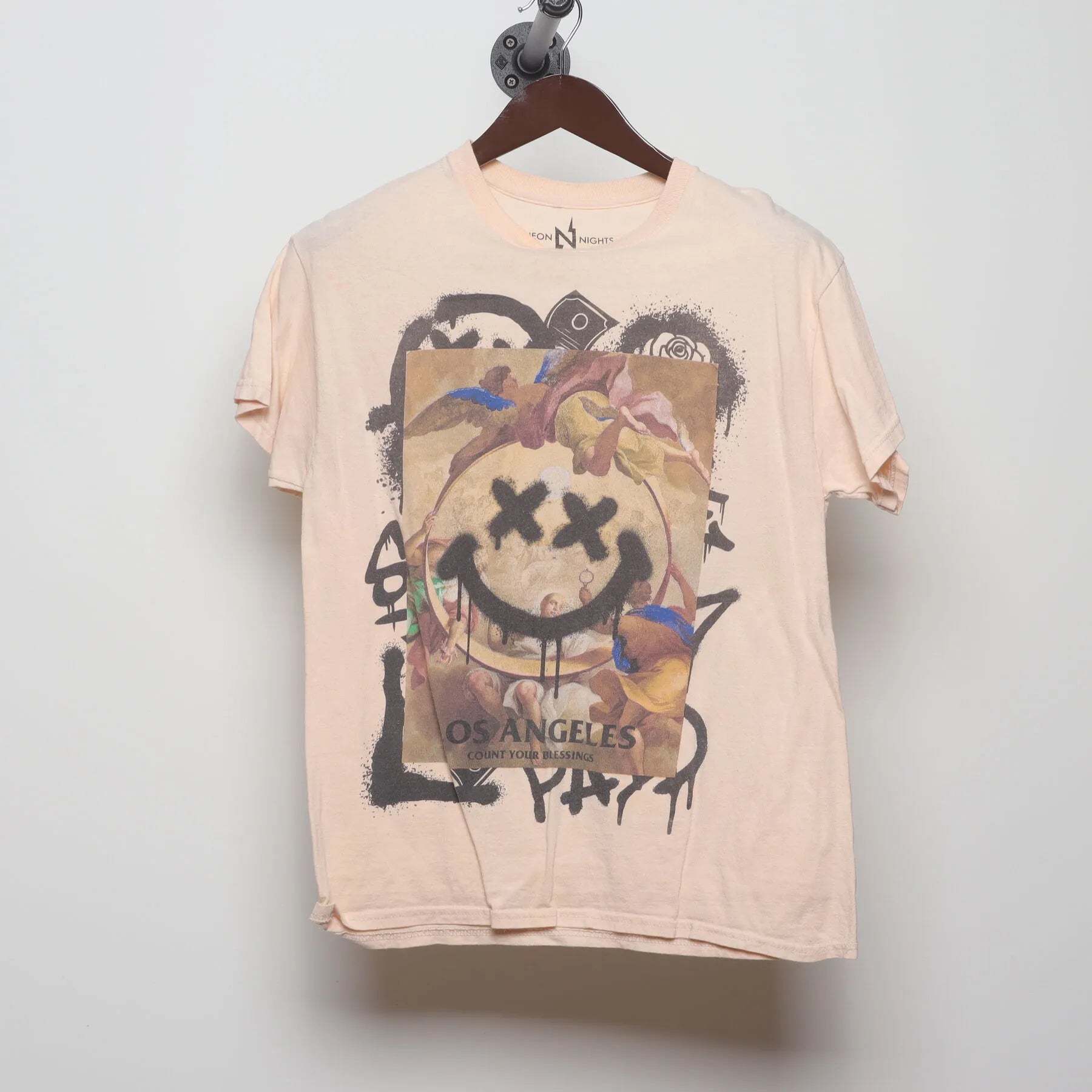 Front view of Vintage Modern ON NIGHTS "Los Angeles Graffiti Smiley" T-Shirt - S