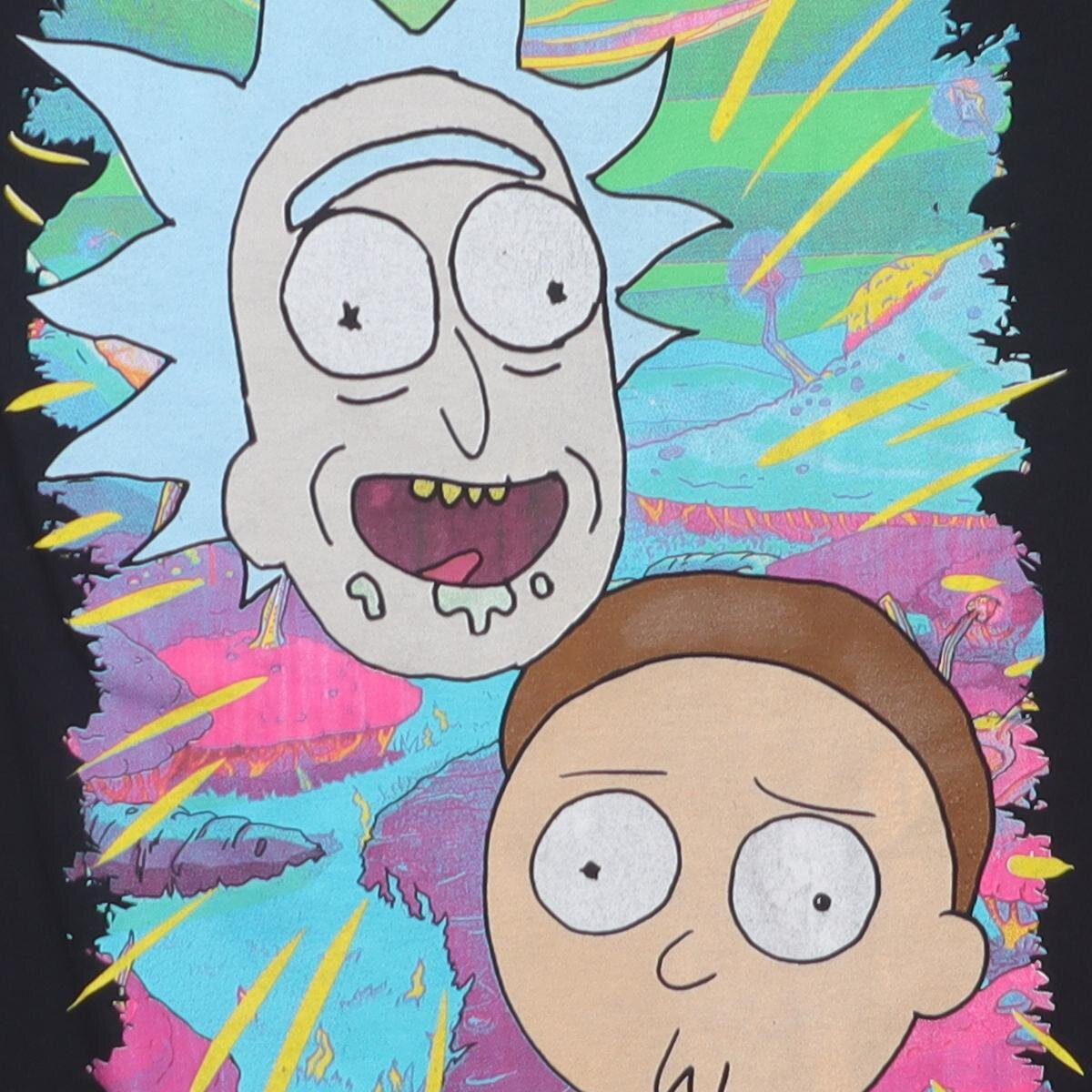 Close-up of the main graphic on the Vintage Modern Rick and Morty "Neon Portrait" T-Shirt - S