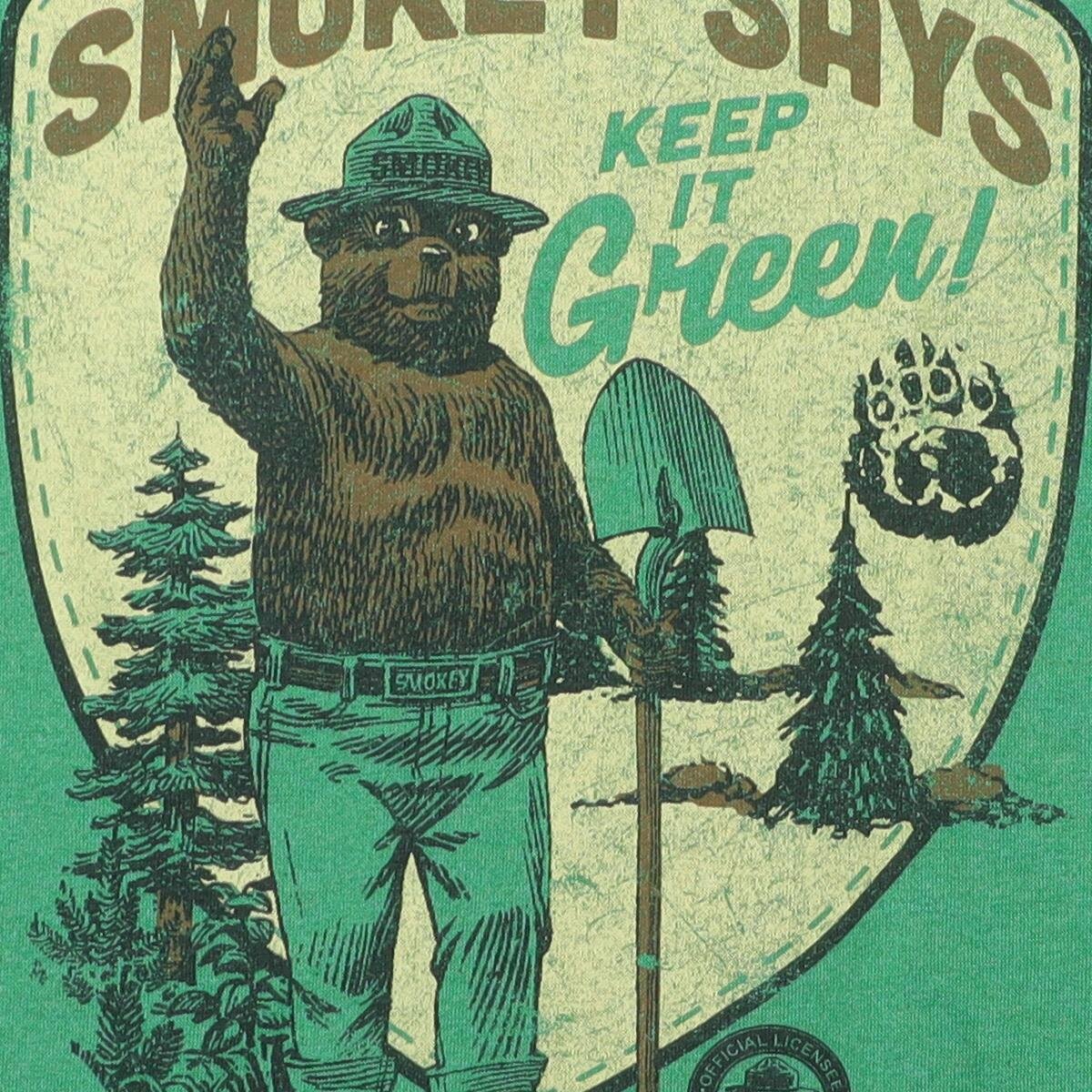 Close-up of the main graphic on the Vintage Modern Smokey Bear "Keep It Green" T-Shirt - L