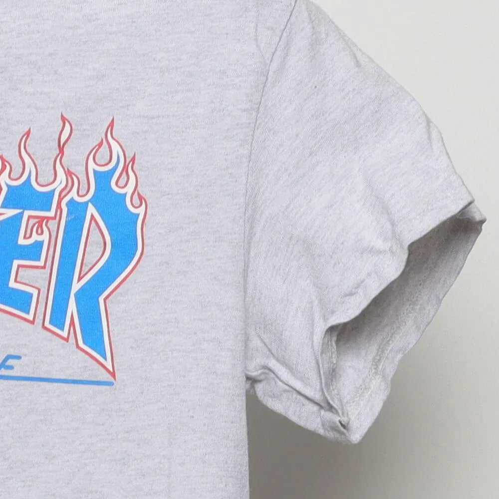 Close-up of the single stitch sleeve on the Vintage Modern Thrasher Magazine "Flame Logo" T-Shirt - XS