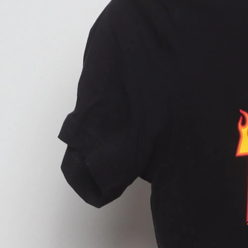 Close-up of the sleeve on the Vintage Modern Thrasher Magazine "Flame Logo" T-Shirt - XS