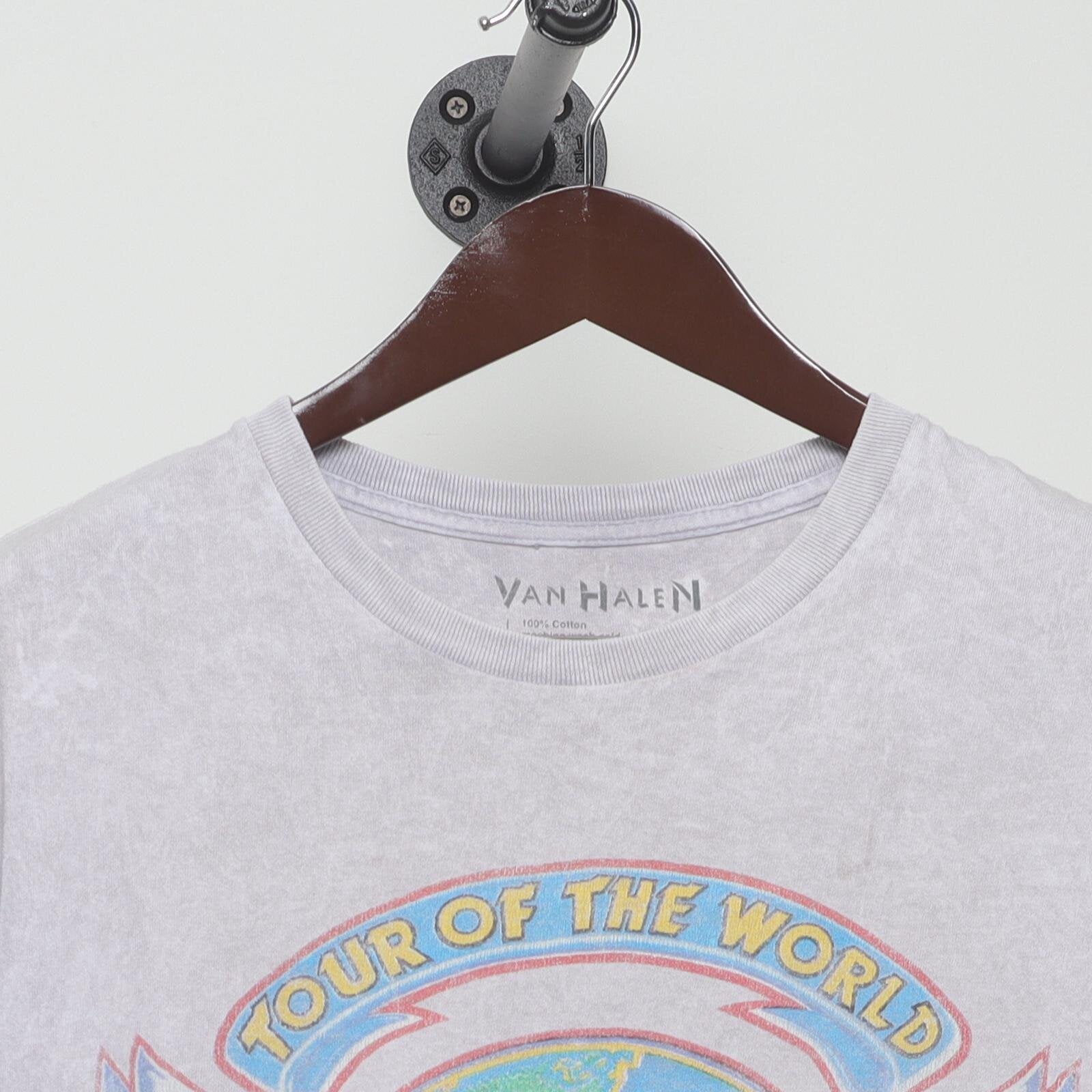 Close-up of the collar and tag on the Vintage Modern Van Halen "1984 Tour of the World" T-Shirt - L