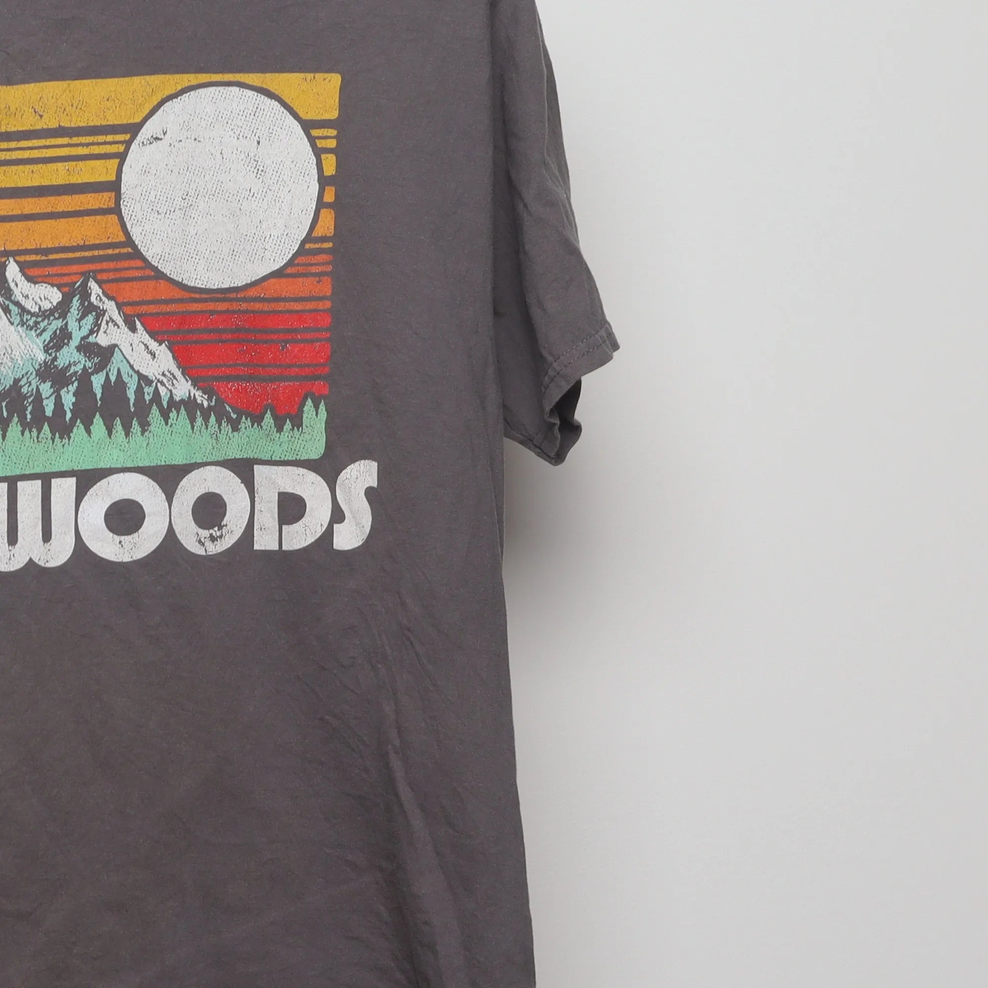 Close-up of the sleeve on the Vintage Muir Woods Retro Sunset Graphic T-Shirt L